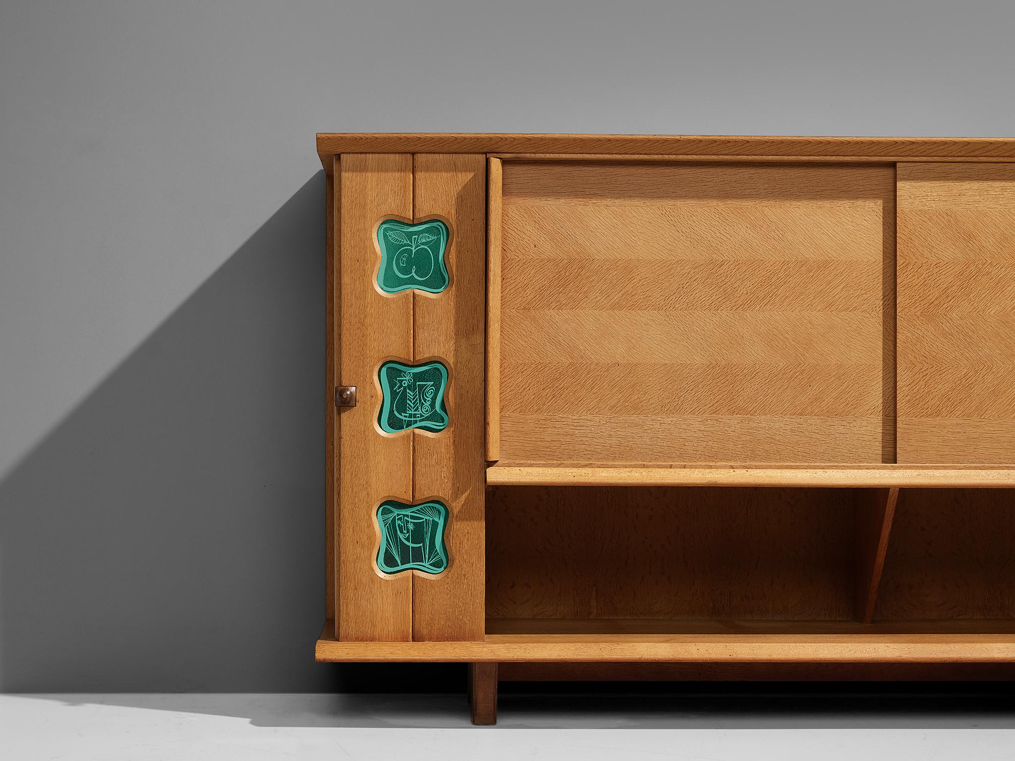 Mid-Century Modern Guillerme and Chambron Buffet in Oak with Ceramic Details
