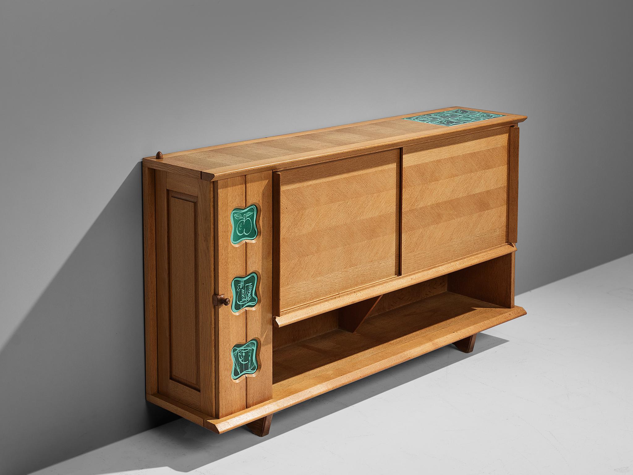 French Guillerme and Chambron Buffet in Oak with Ceramic Details