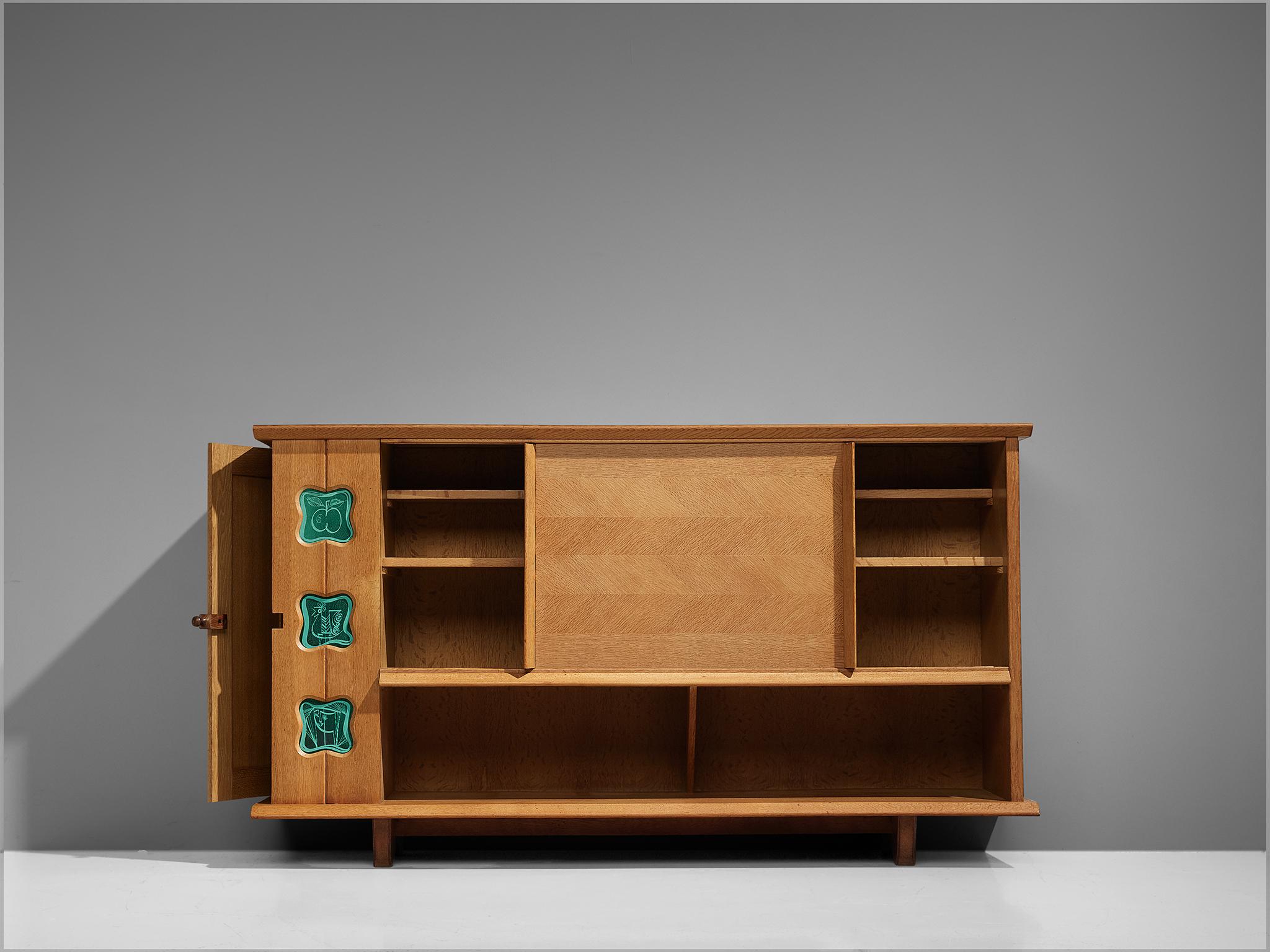 20th Century Guillerme and Chambron Buffet in Oak with Ceramic Details