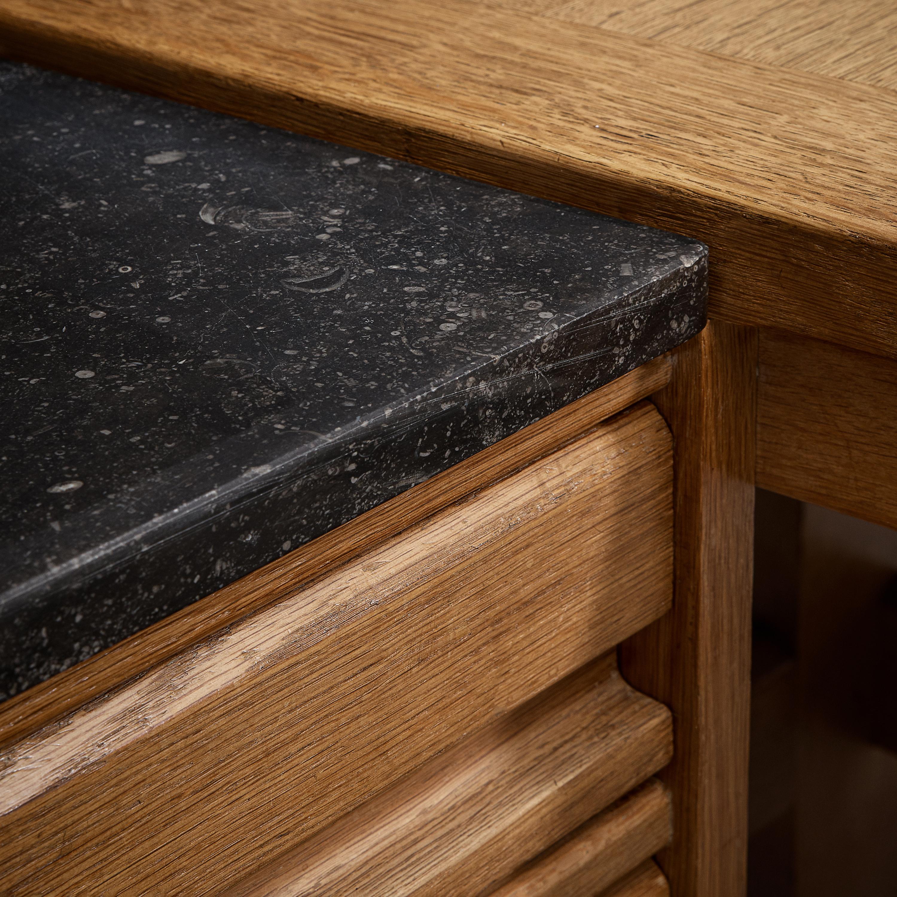 Mid-Century Modern Guillerme and Chambron Corner Desk in Oak and Granite