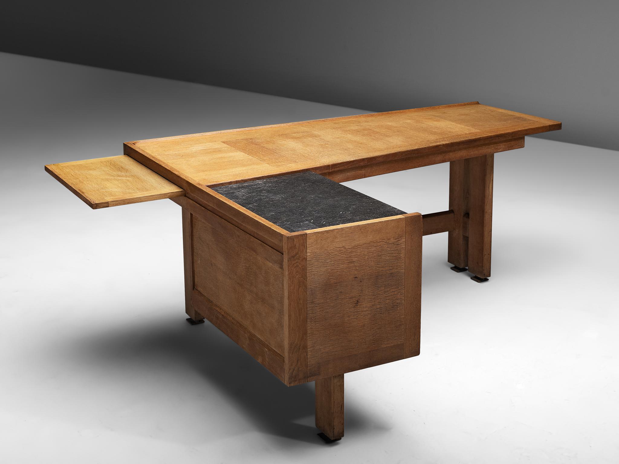 Guillerme and Chambron Corner Desk in Oak and Granite In Good Condition In Waalwijk, NL
