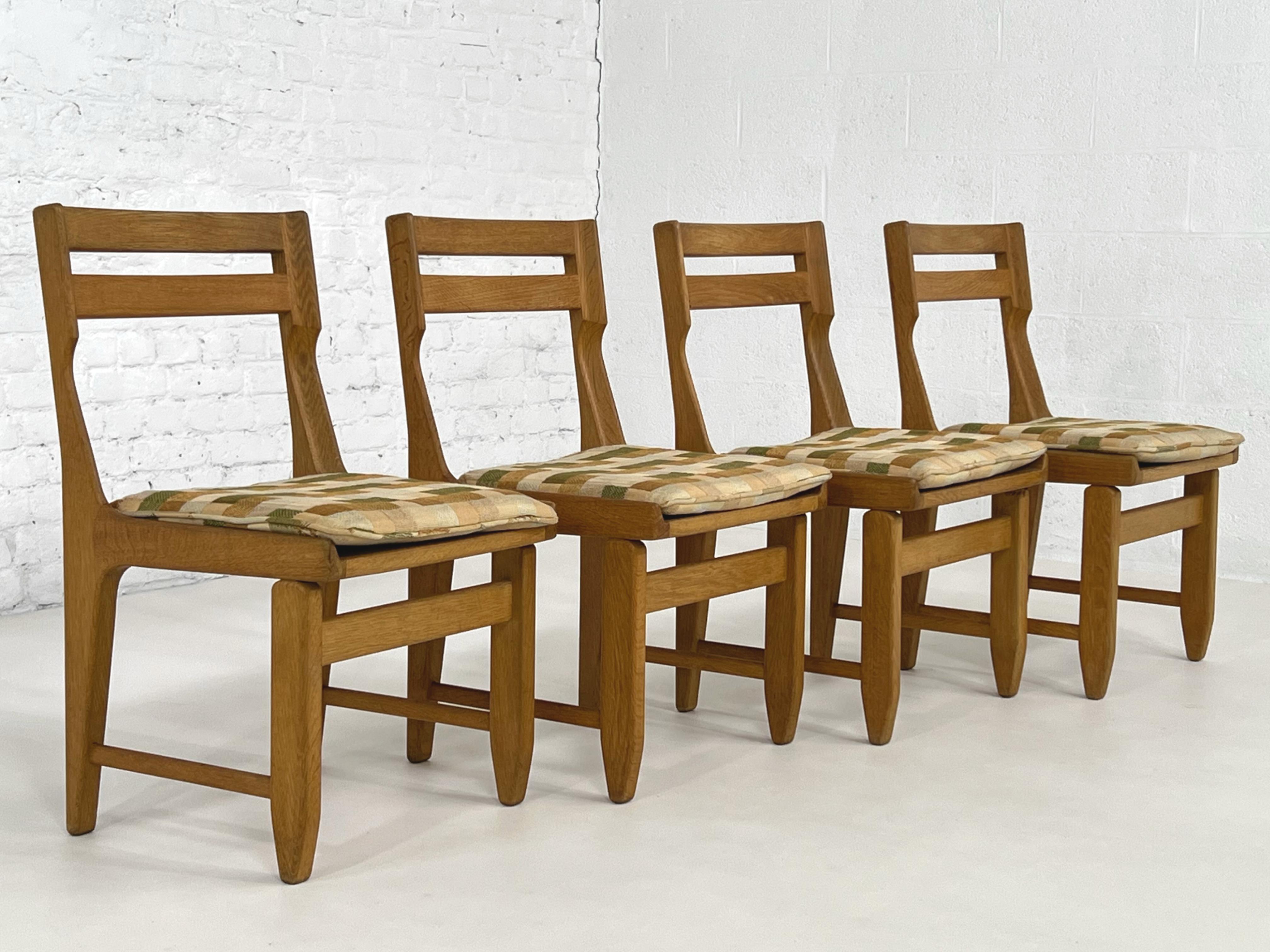 1960s French Guillerme And Chambron Duo Design Oak Wooden and Fabric Set of Four Dining Chairs ' Raphael ' Model.