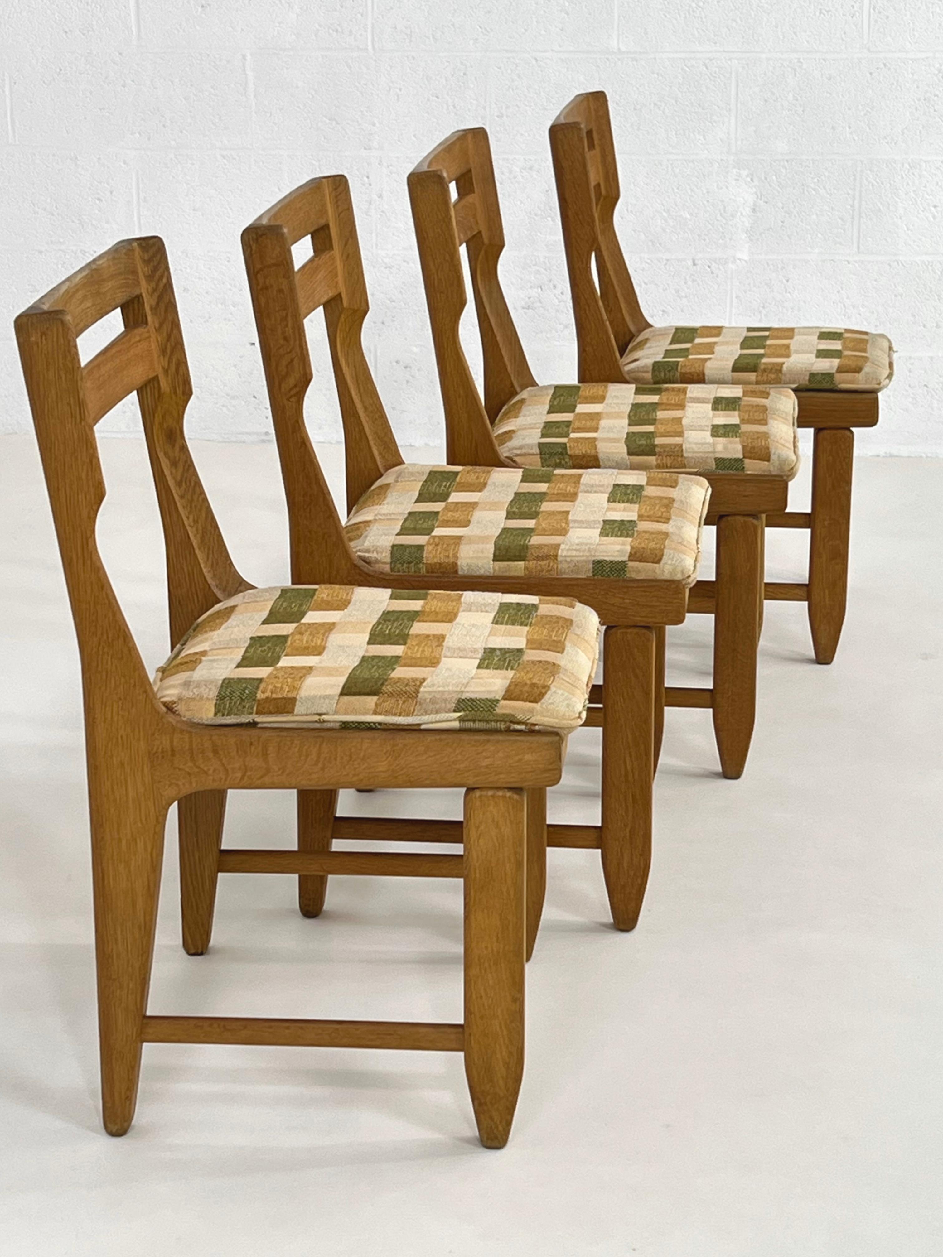 European Guillerme and Chambron Design Oak Wooden and Fabric Set of Four Dining Chairs For Sale