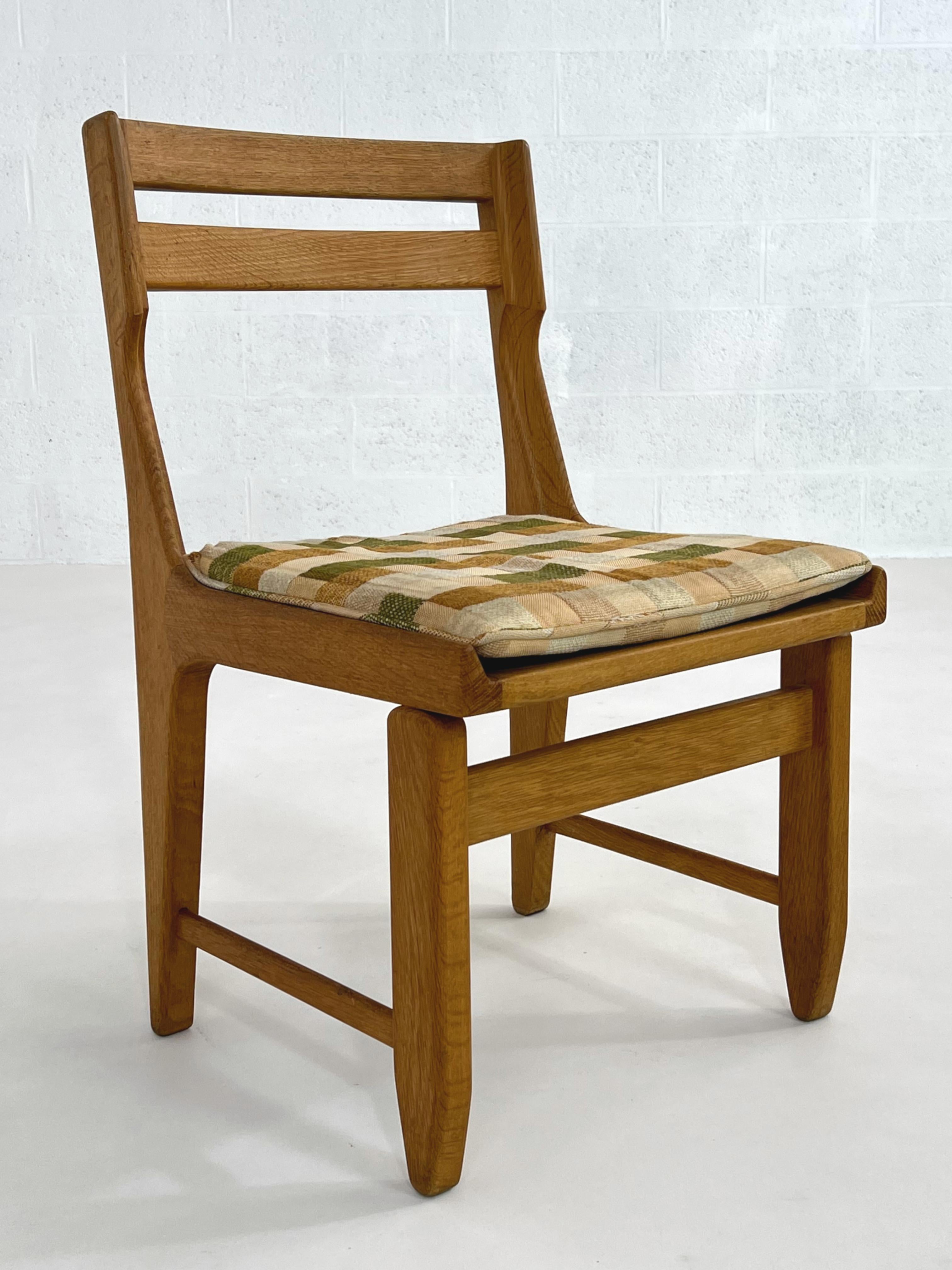 Guillerme and Chambron Design Oak Wooden and Fabric Set of Four Dining Chairs For Sale 2