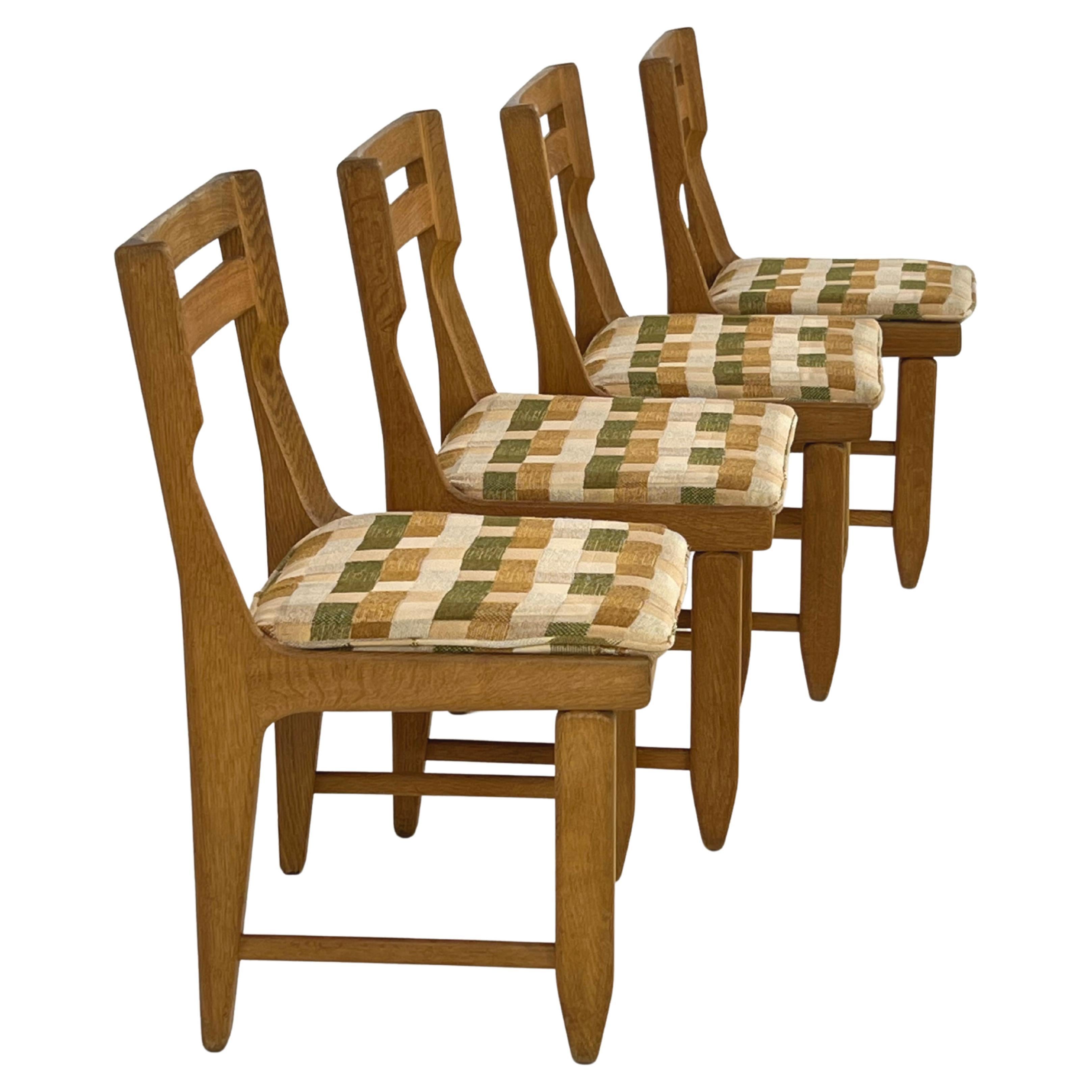 Guillerme and Chambron Design Oak Wooden and Fabric Set of Four Dining Chairs For Sale