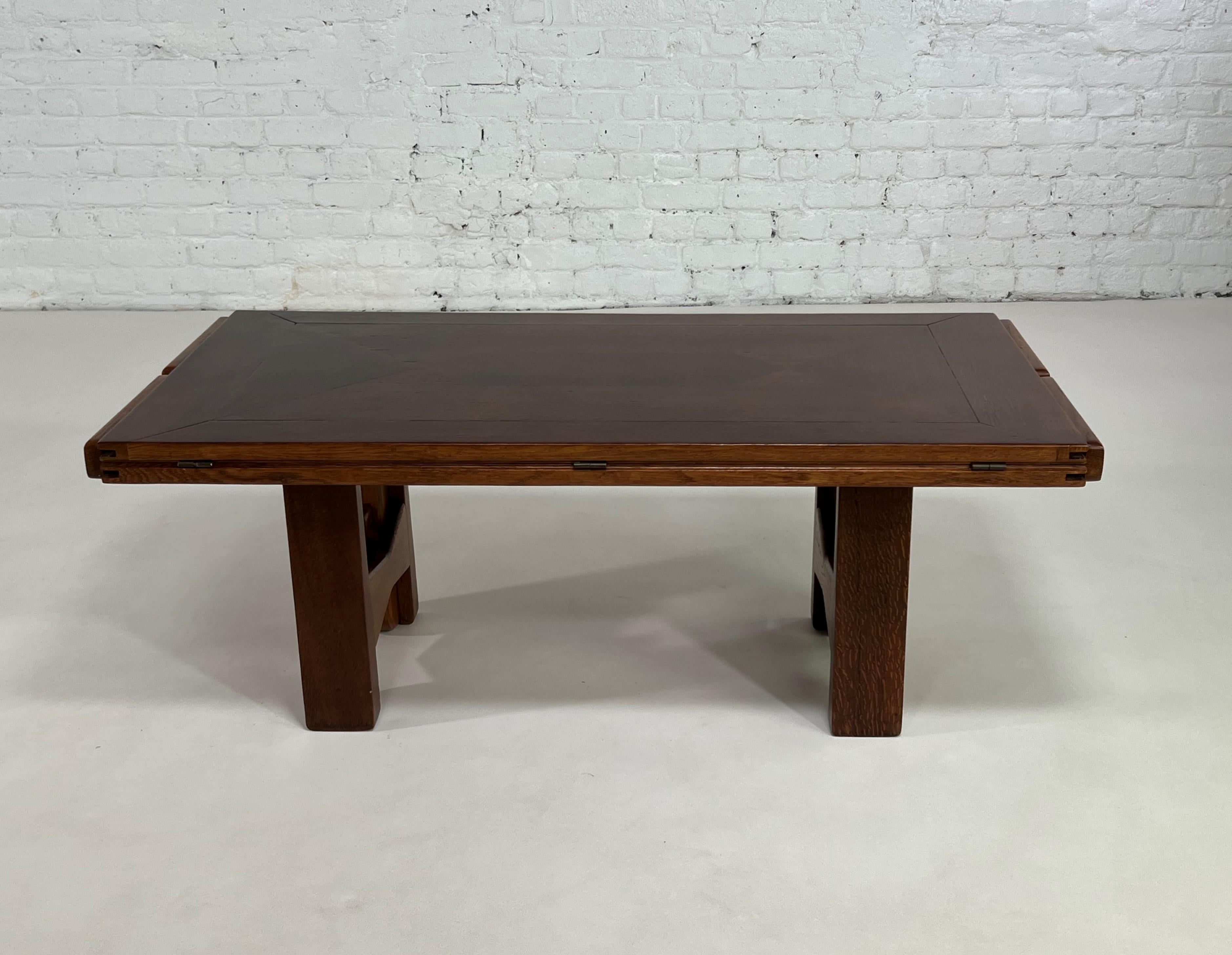 Guillerme and Chambron French 1960s Design height adjustableand modular top dark brown veneer oak wooden coffee table 