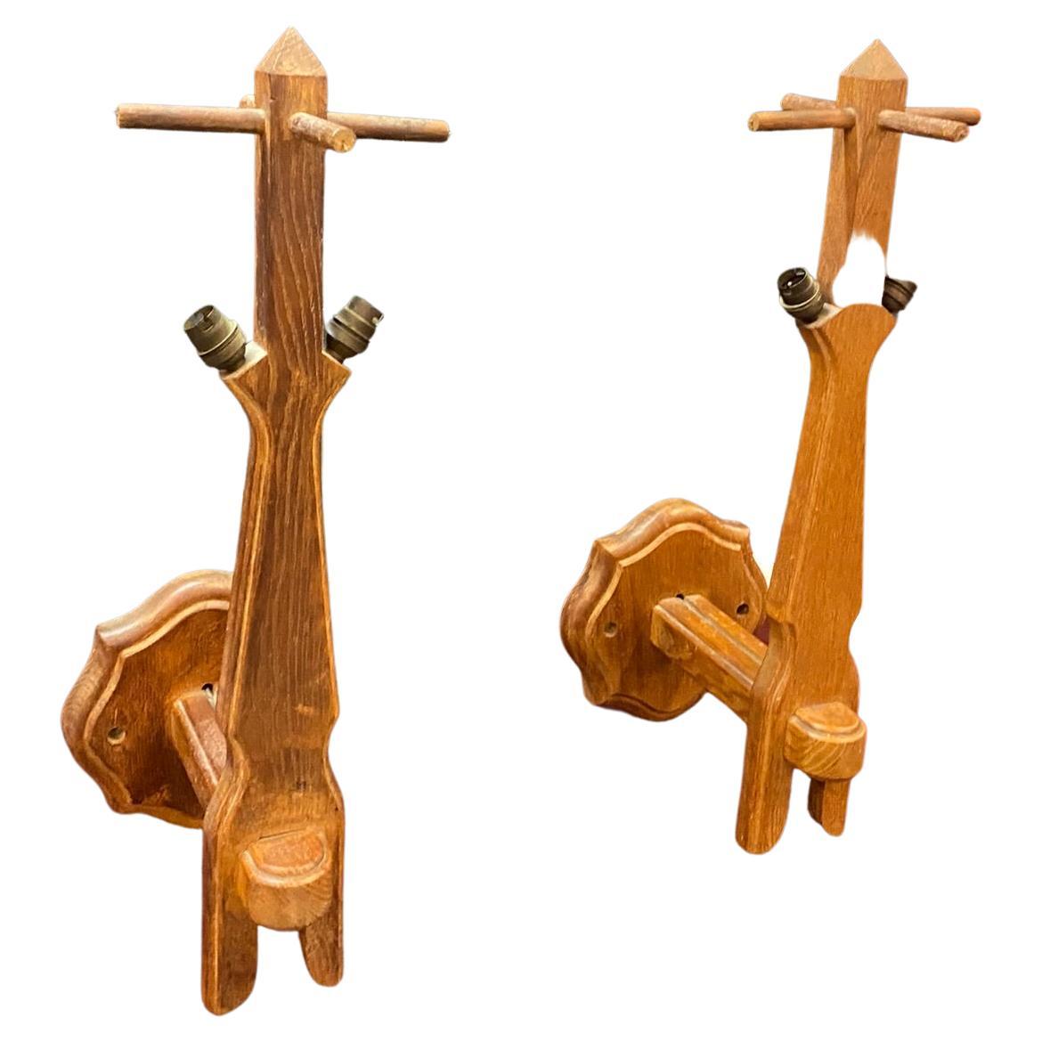 Guillerme and Chambron large Pair of wall lights in oak, 