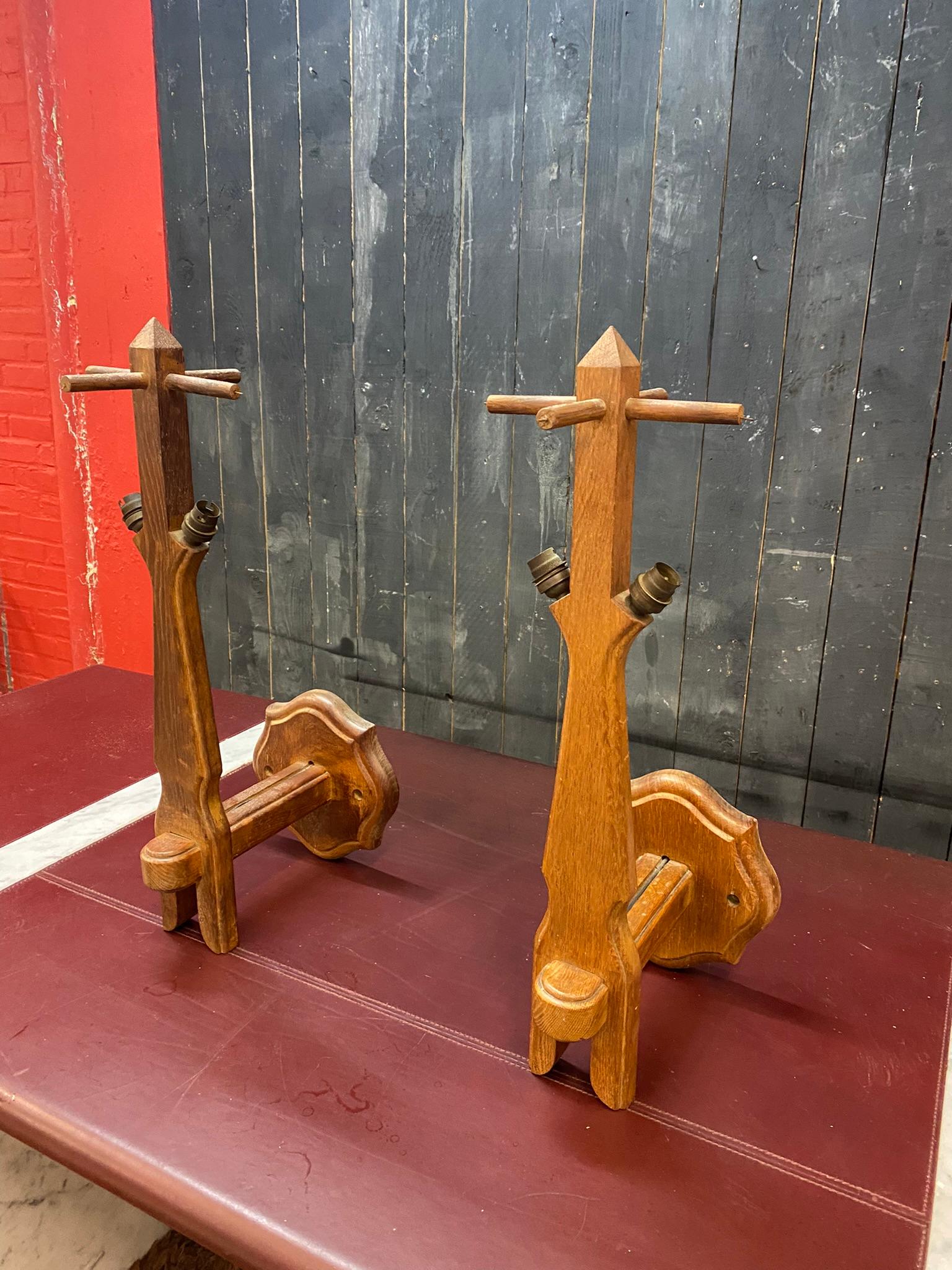 French Guillerme and Chambron Large Pair of Wall Lights in Oak, 