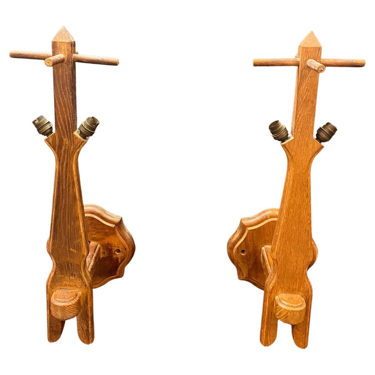 Guillerme and Chambron Large Pair of Wall Lights in Oak, 