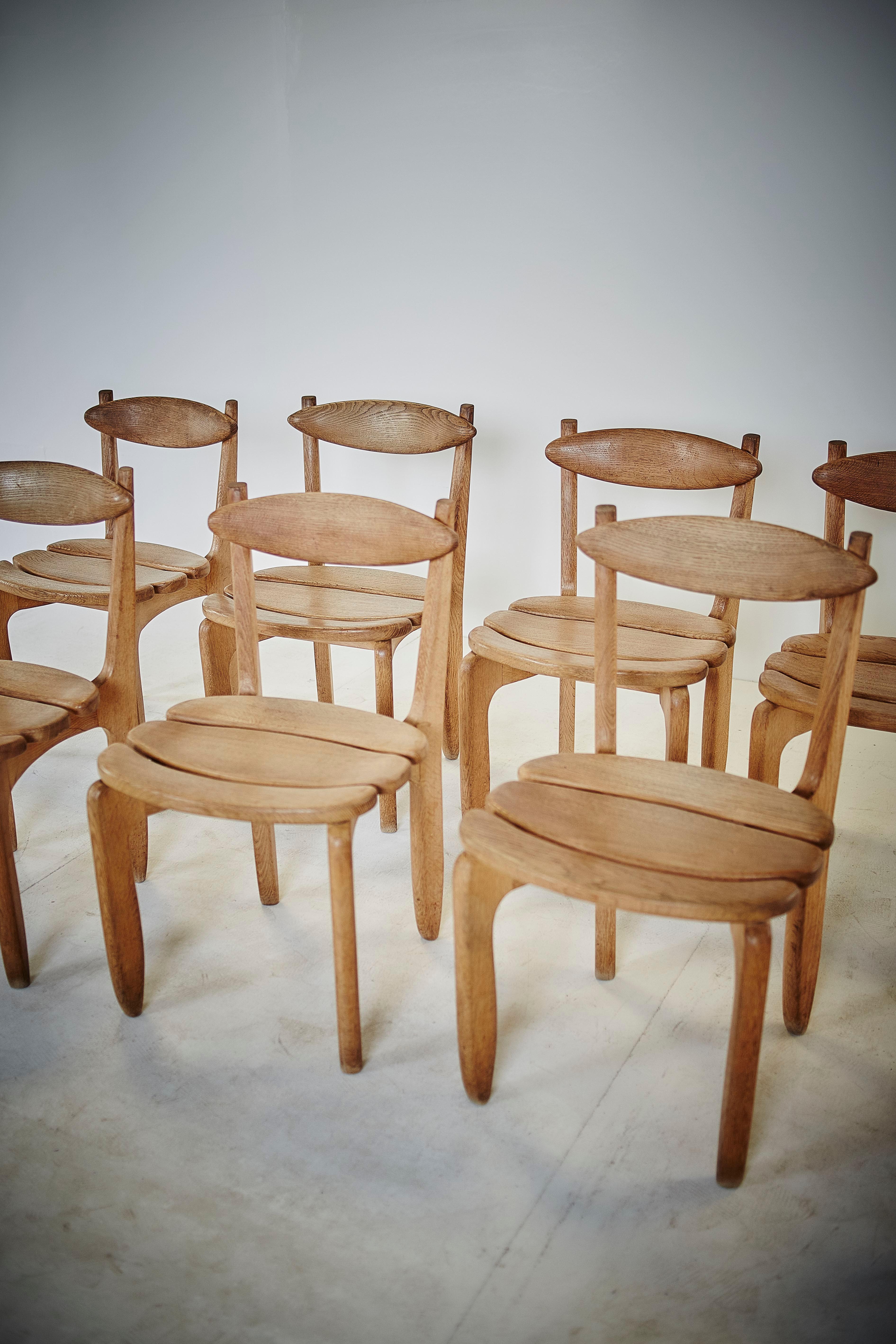 French Guillerme and Chambron Midcentury Solid Oak Chairs for Votre Maison, France 1960