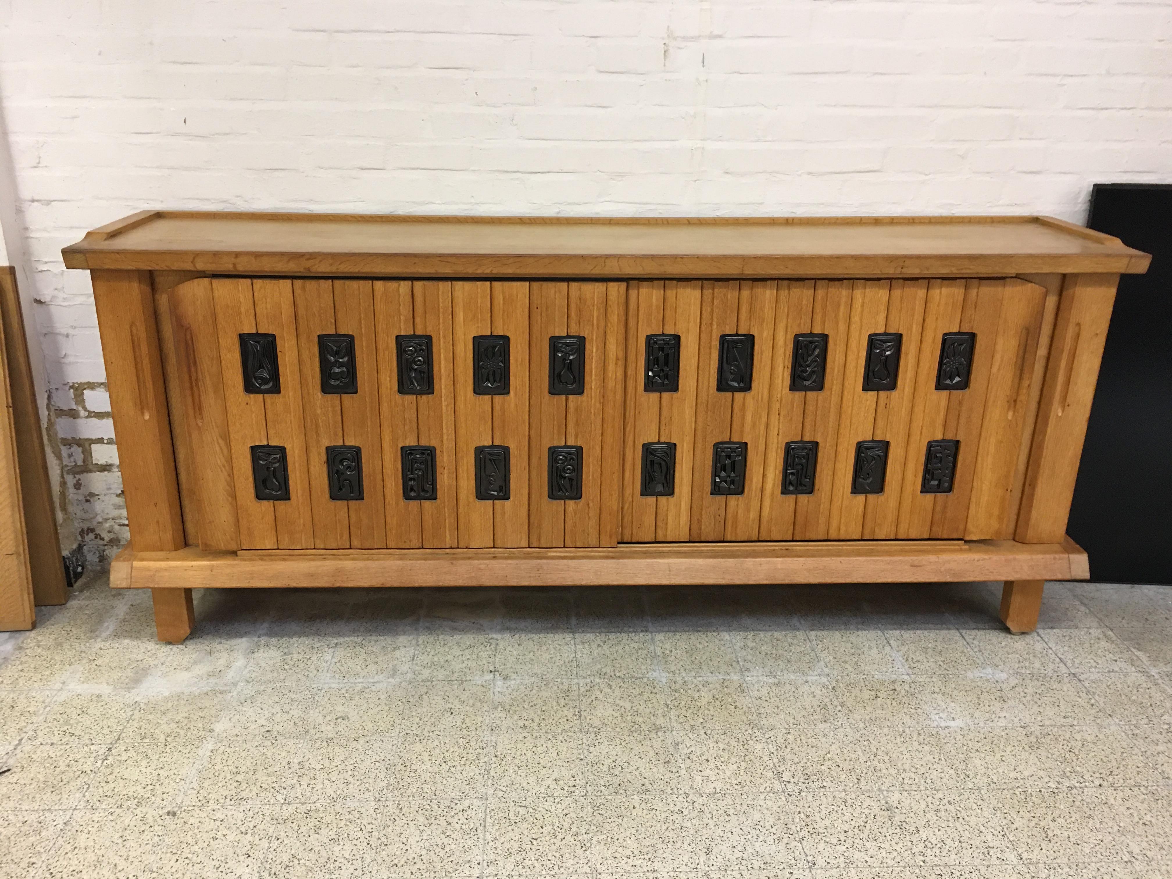 Late 20th Century Guillerme and Chambron, Oak Buffet and Ceramic Tiles by Boleslav Danikowski