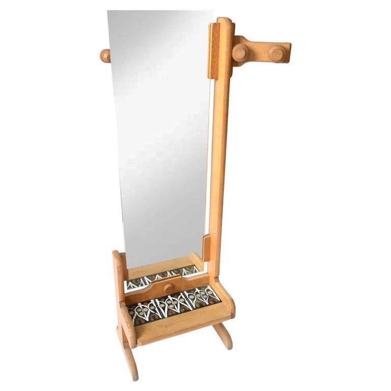French Guillerme and Chambron psyche mirror in Oak and ceramic , Edition Votre Maison For Sale