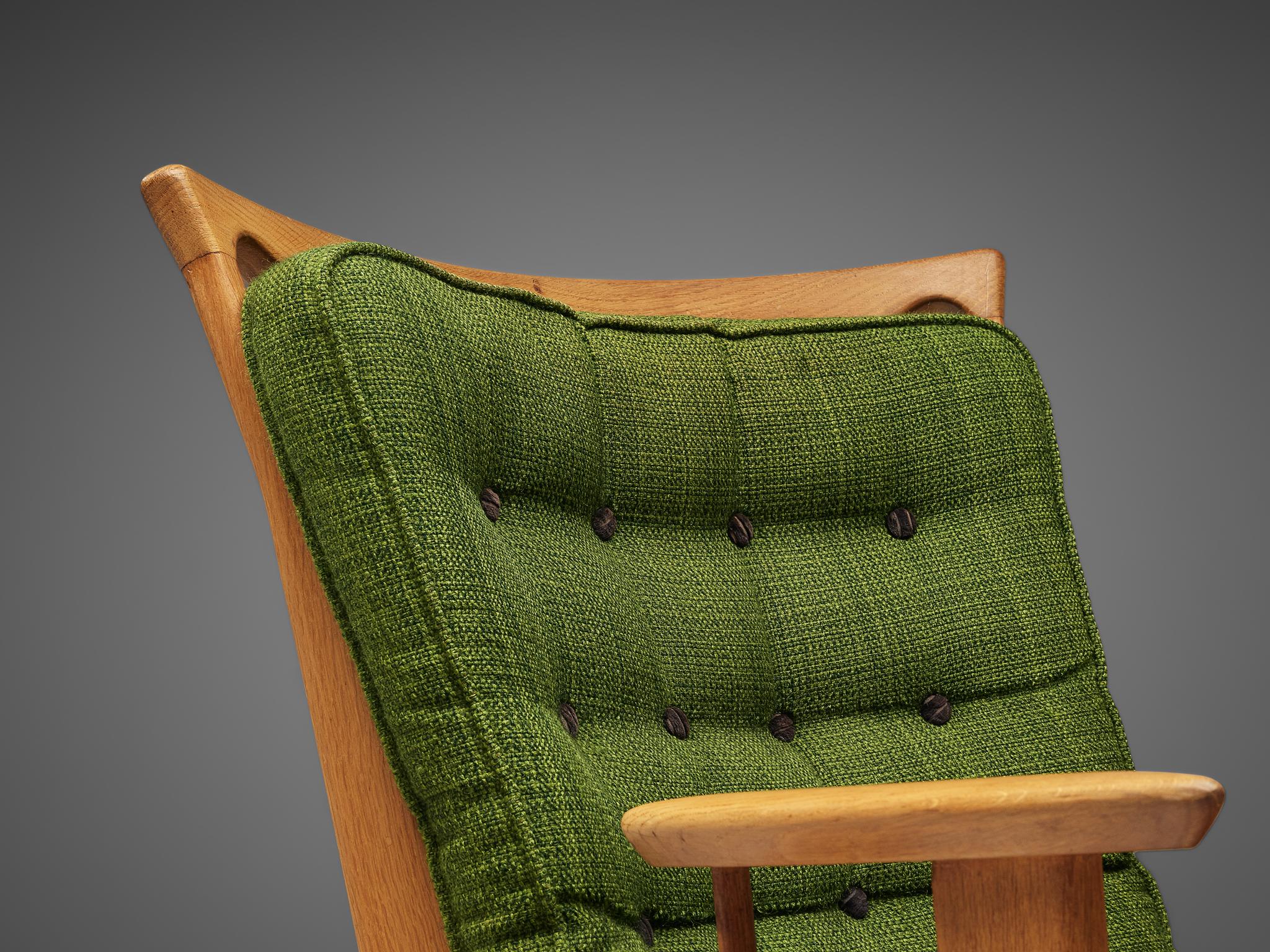 Guillerme & Chambron Pair of Lounge Chairs in Oak and Green Upholstery 3