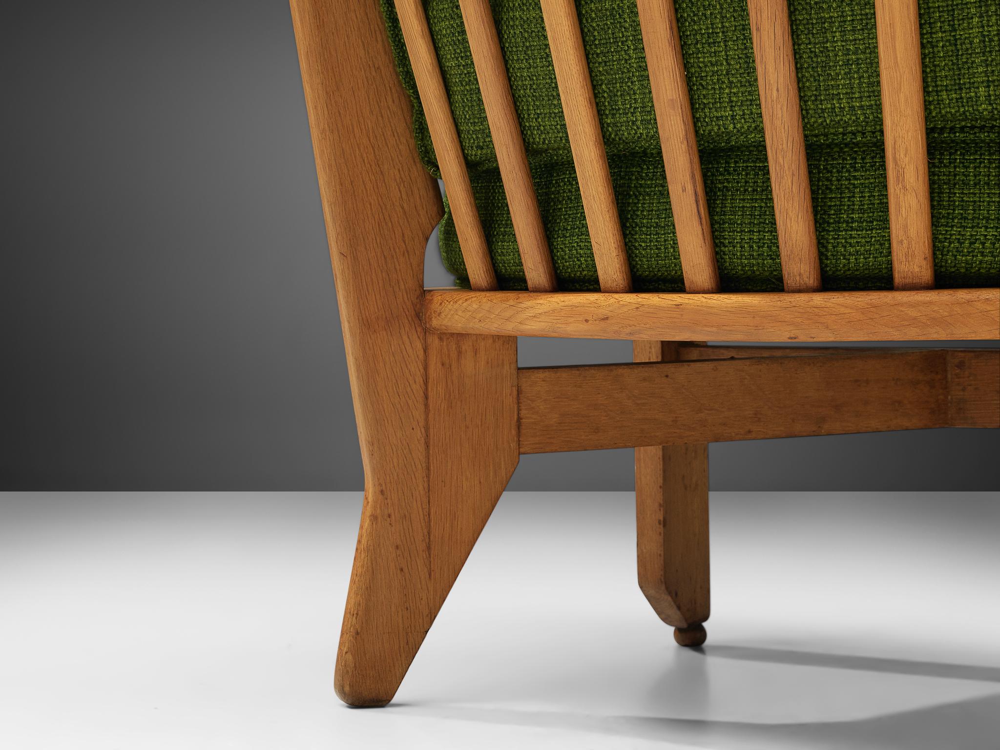 Guillerme & Chambron Pair of Lounge Chairs in Oak and Green Upholstery 5