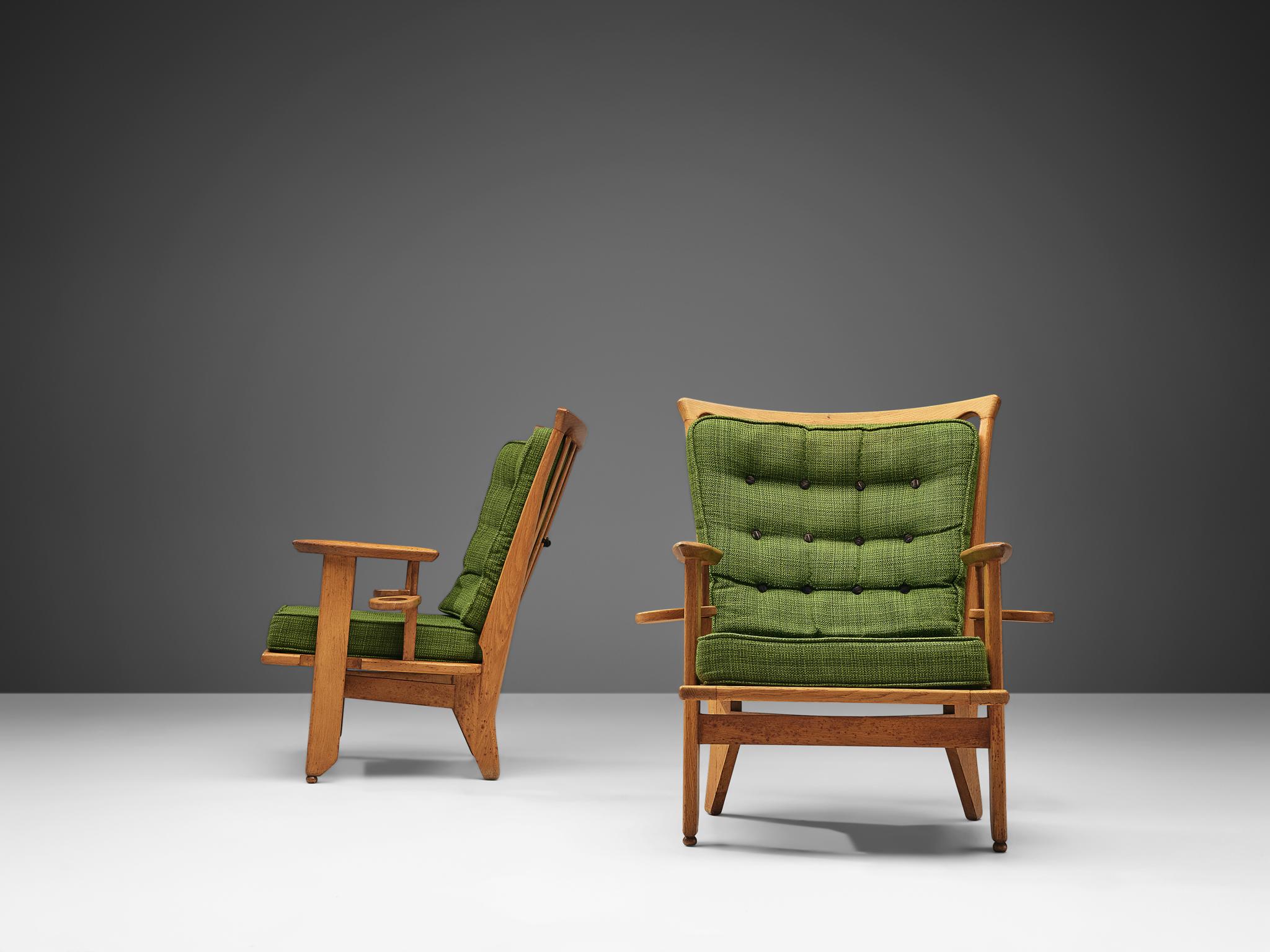 French Guillerme & Chambron Pair of Lounge Chairs in Oak and Green Upholstery