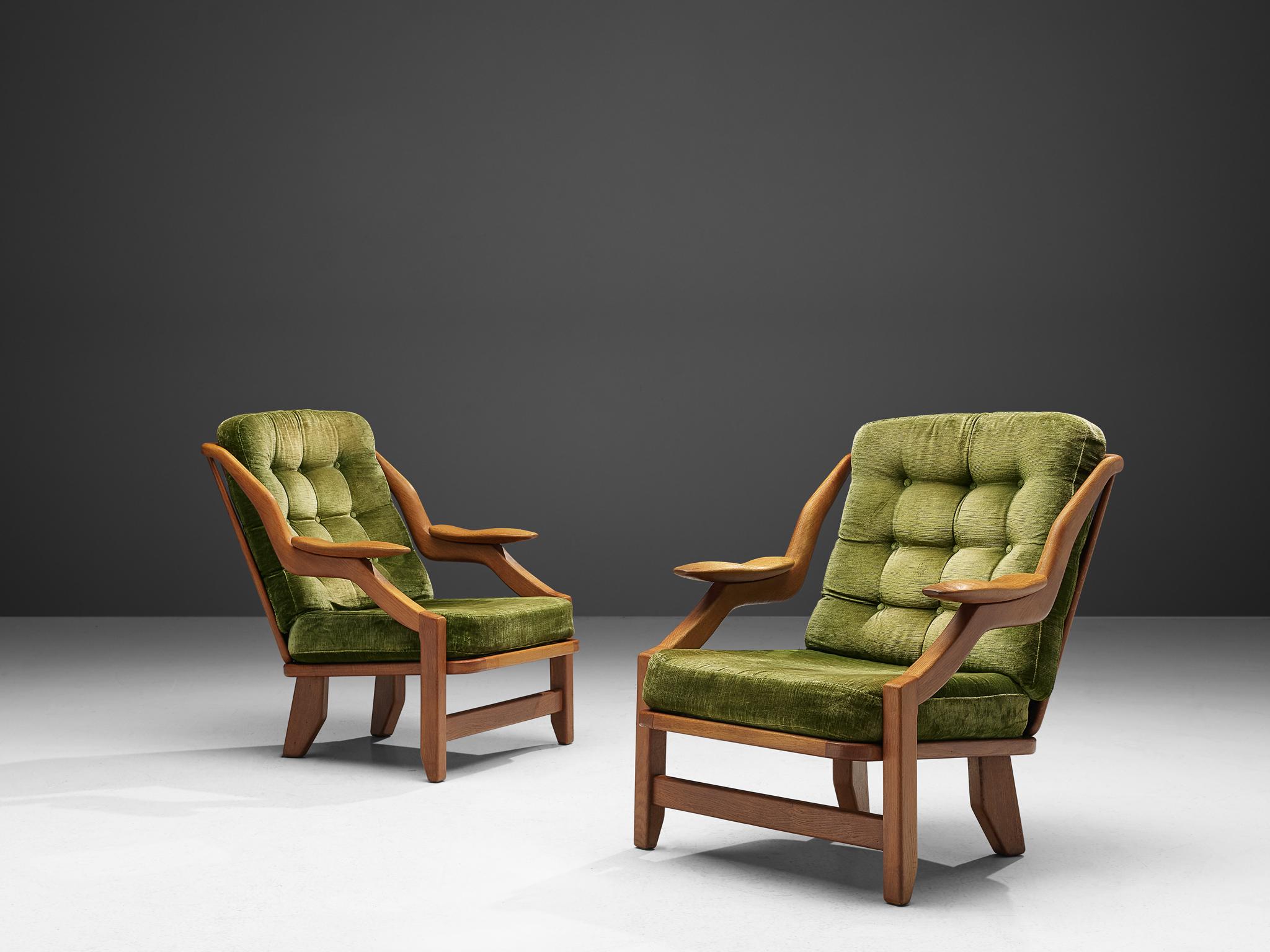 Mid-Century Modern Guillerme and Chambron Set of Lounge Chairs in Green Velvet Upholstery