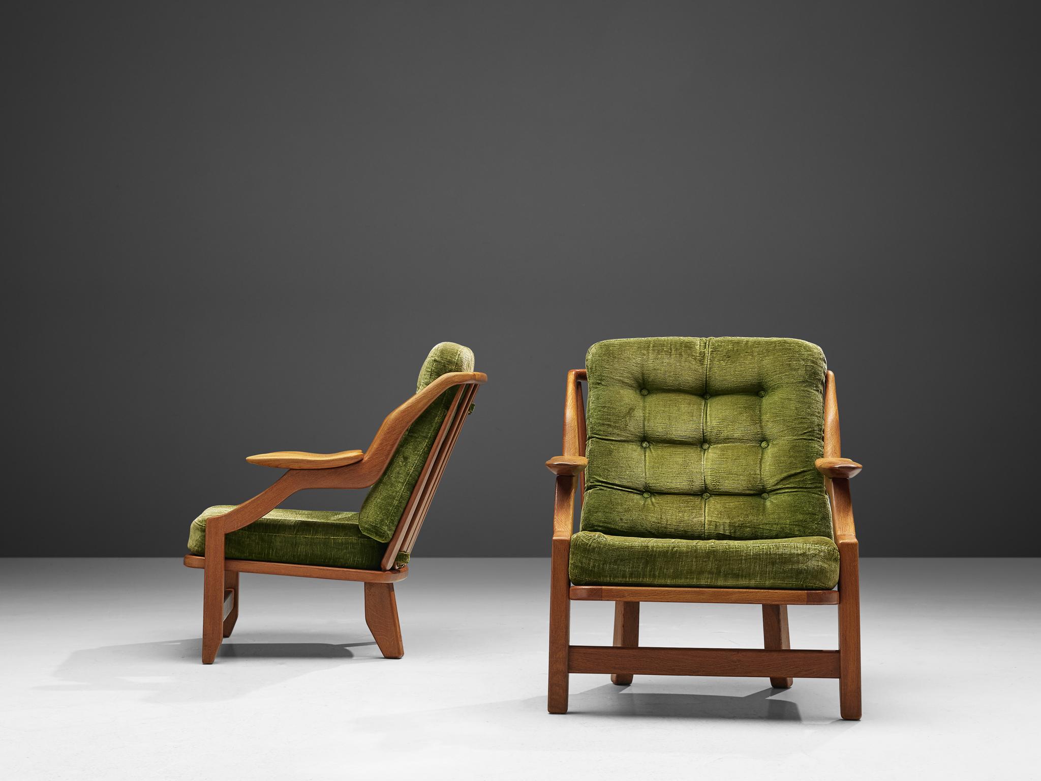 Mid-20th Century Guillerme and Chambron Set of Lounge Chairs in Green Velvet Upholstery