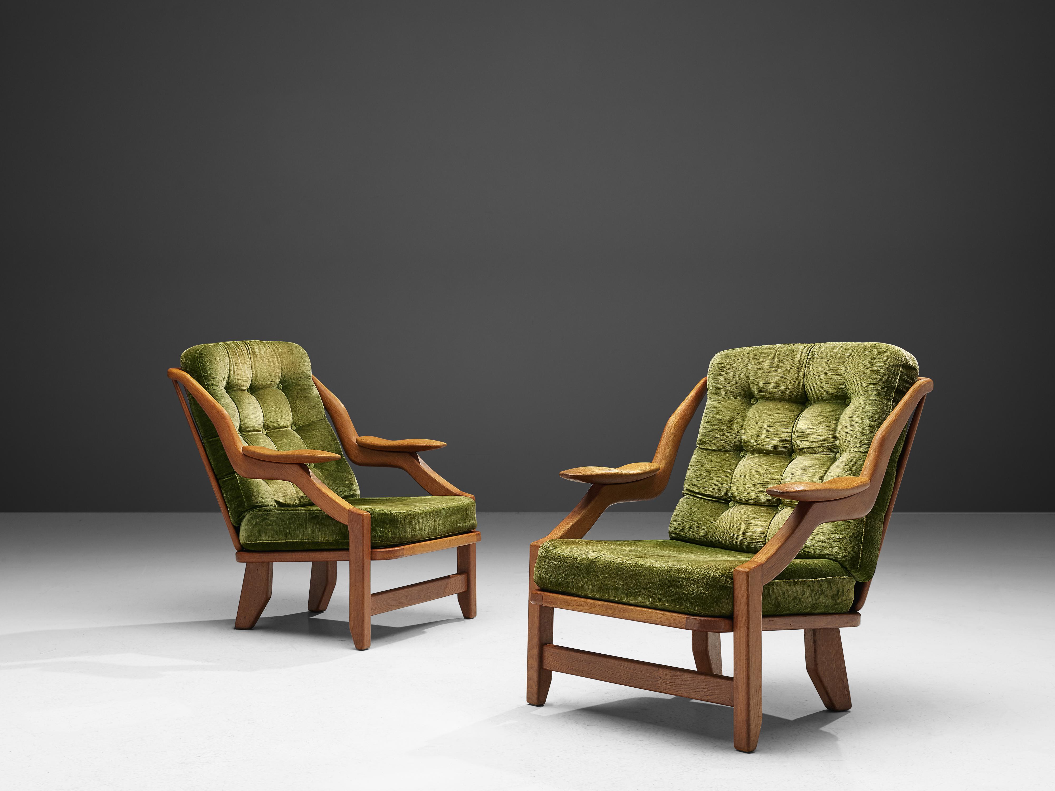 Mid-20th Century Guillerme & Chambron Pair of Lounge Chairs in Green Velvet Upholstery