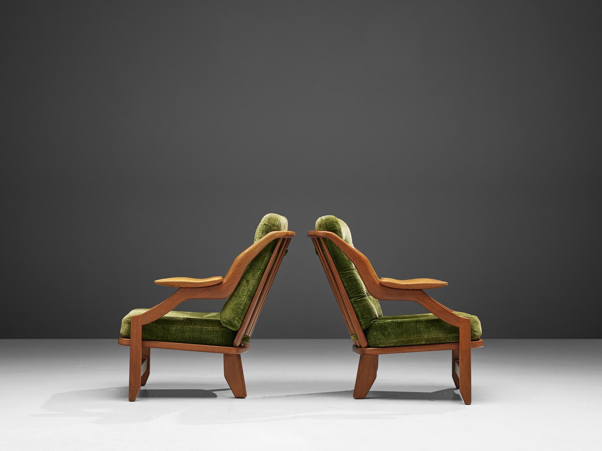 Fabric Guillerme and Chambron Set of Lounge Chairs in Green Velvet Upholstery