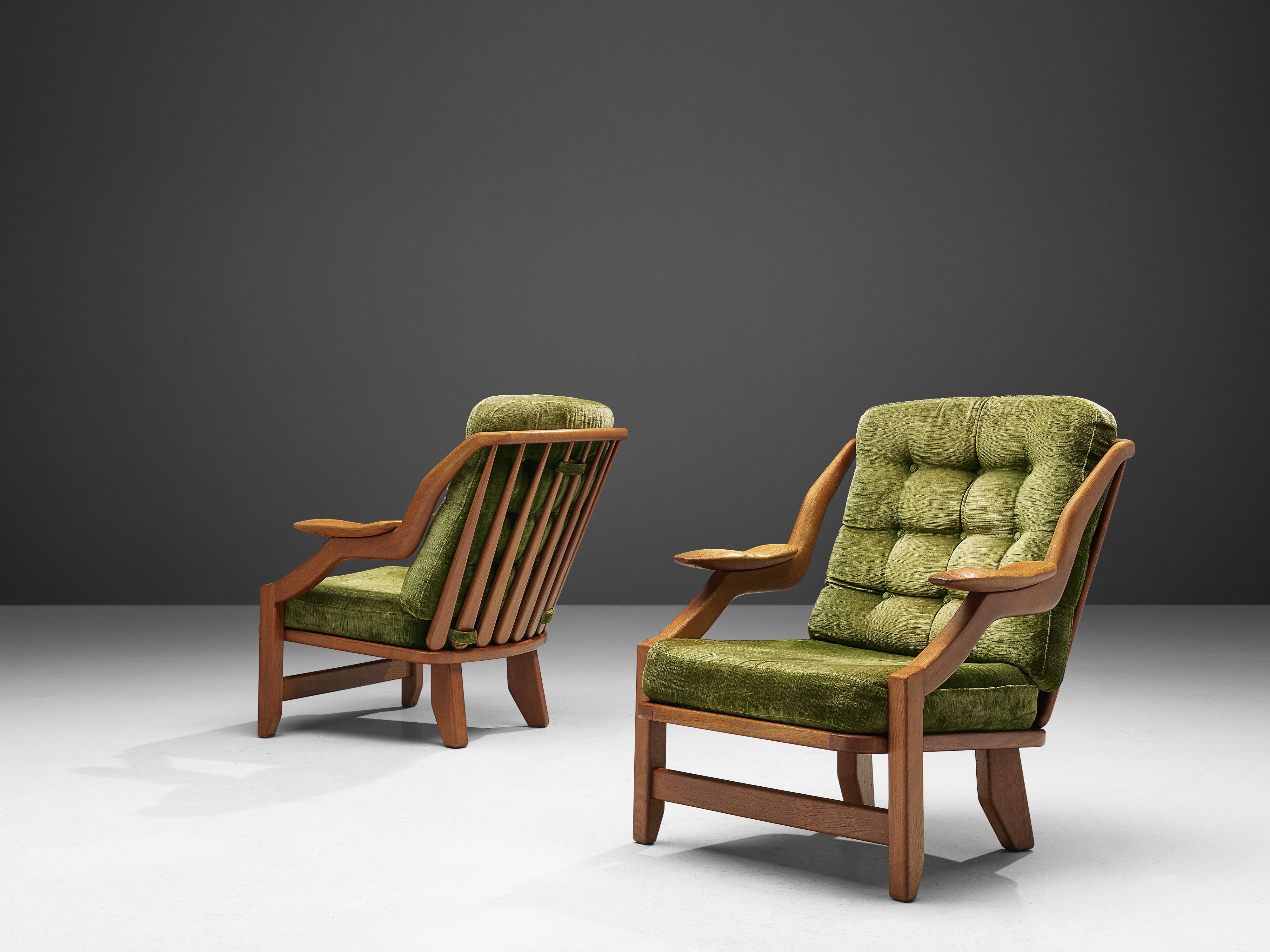 Guillerme & Chambron Pair of Lounge Chairs in Green Velvet Upholstery 1