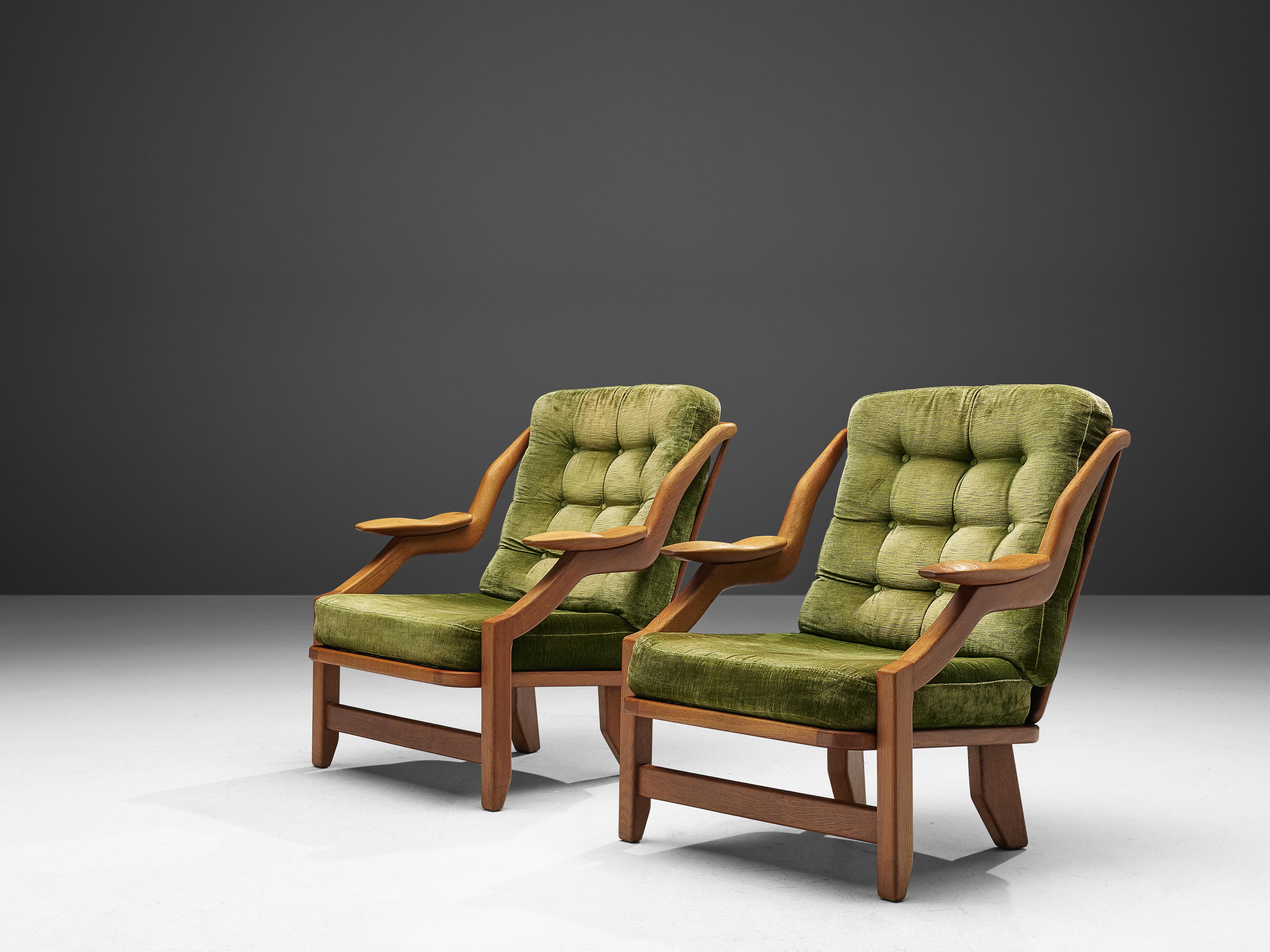 Guillerme & Chambron Pair of Lounge Chairs in Green Velvet Upholstery 2