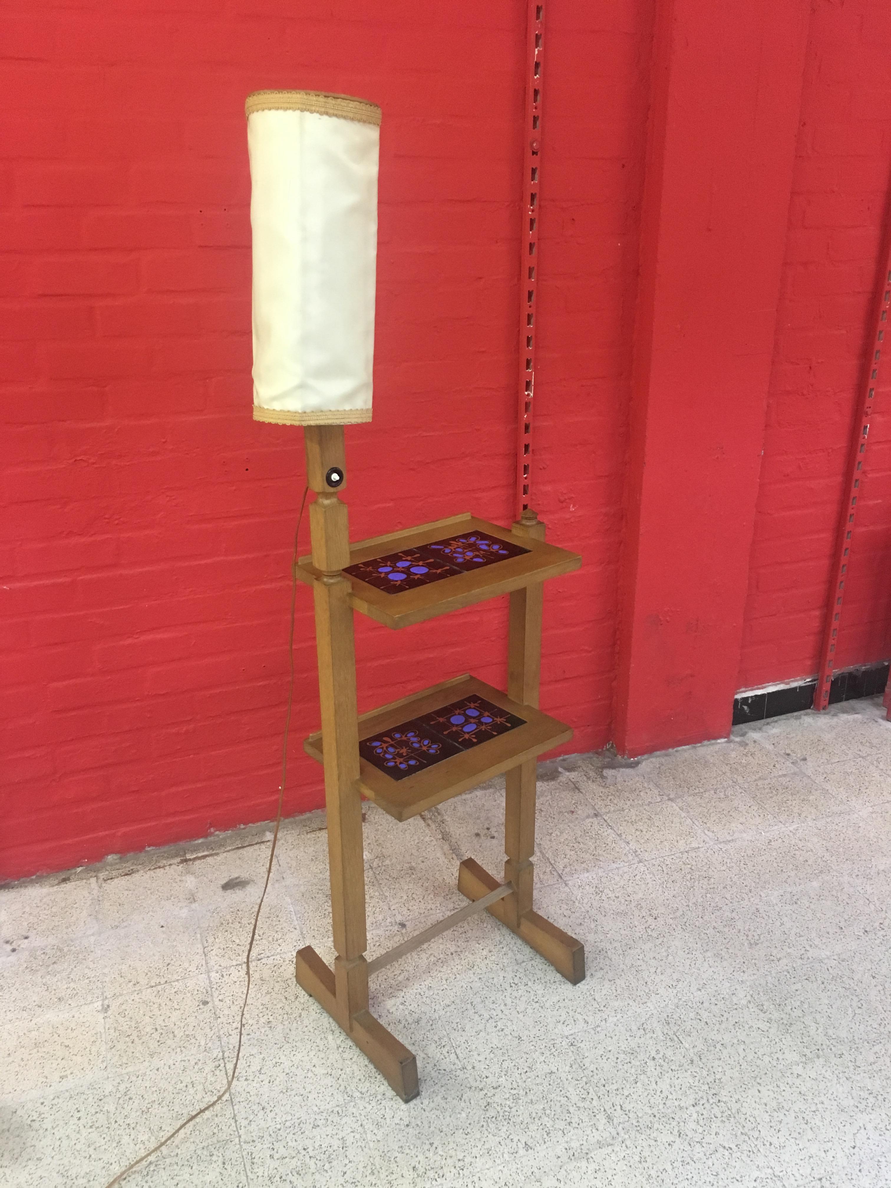 French Guillerme and Chambron, Side Table in Oak and Ceramics, circa 1960 For Sale