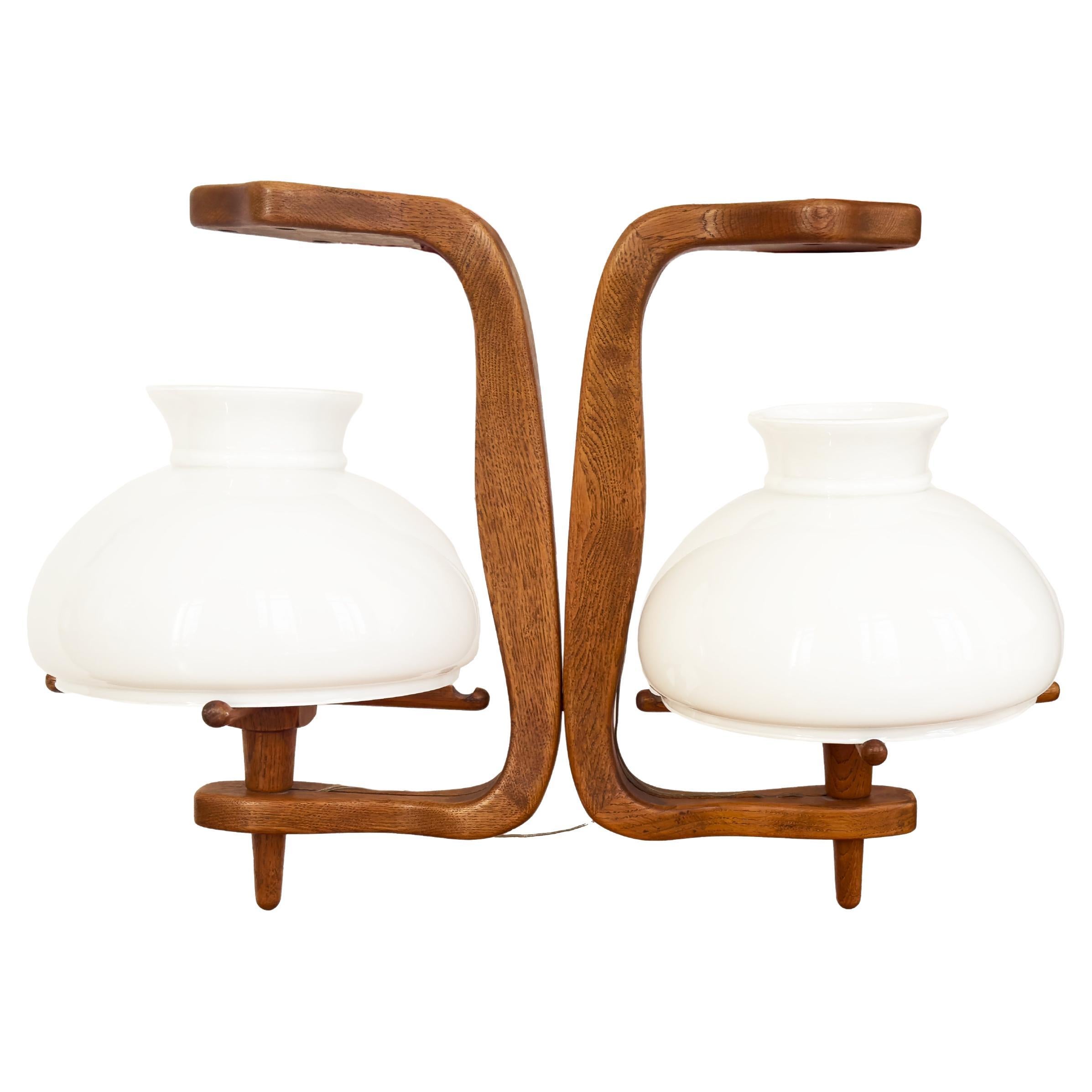 Guillerme, Chambron and Danikowski - 20th Century Chandelier in Oak and Opaline