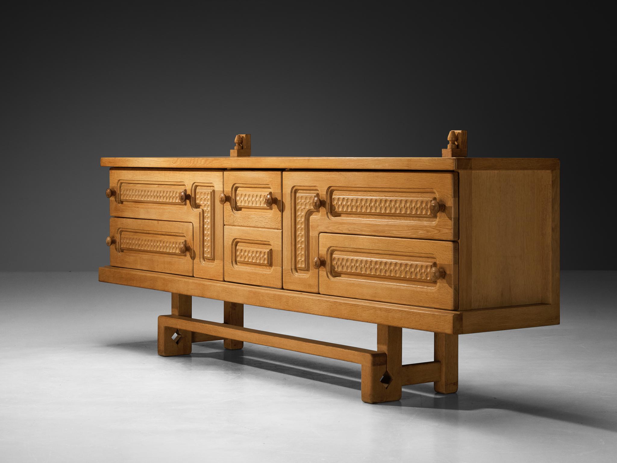 Guillerme & Chambron Angular Carved Sideboard in Solid Oak 4