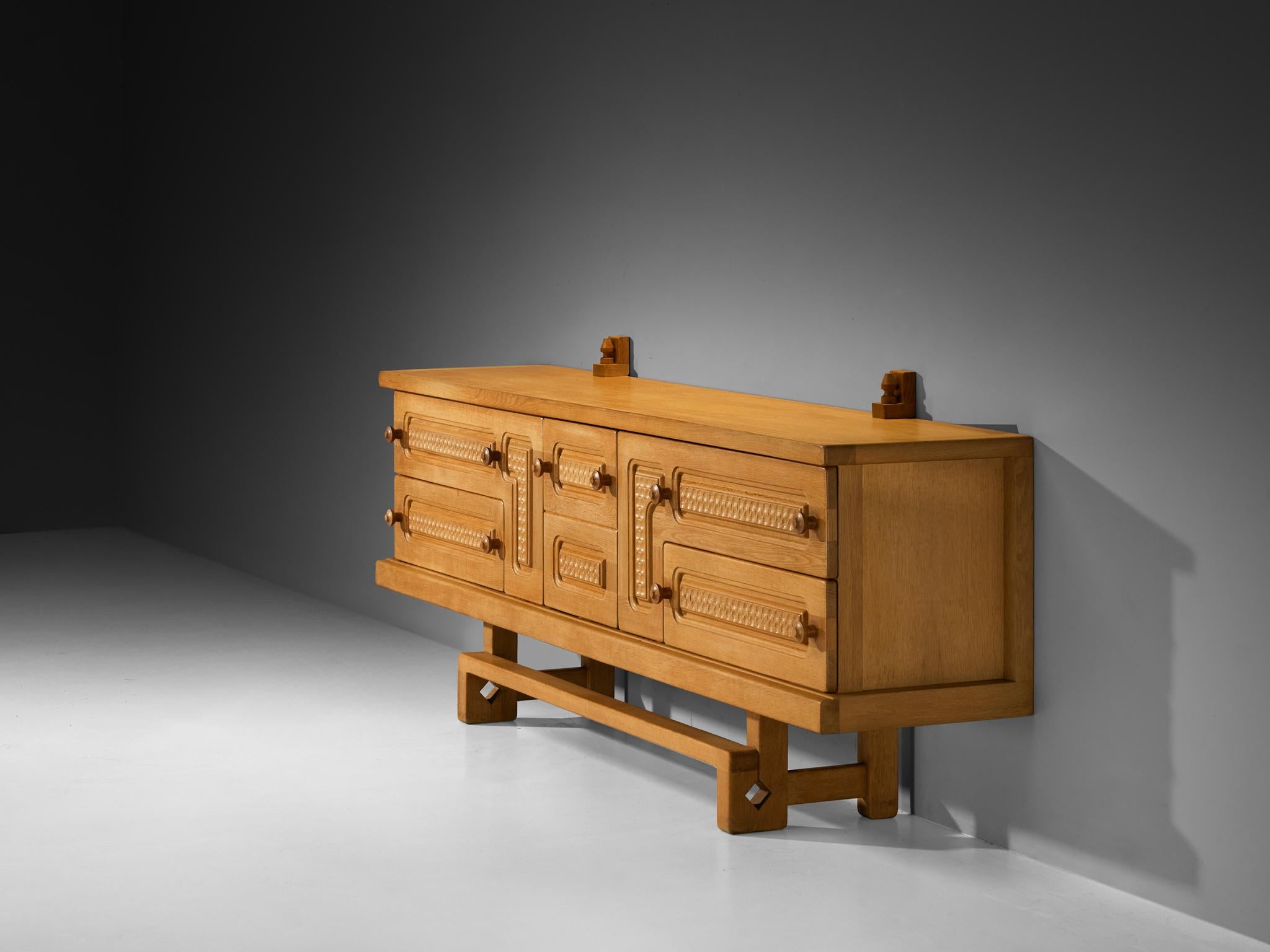 Mid-Century Modern Guillerme & Chambron Angular Carved Sideboard in Solid Oak