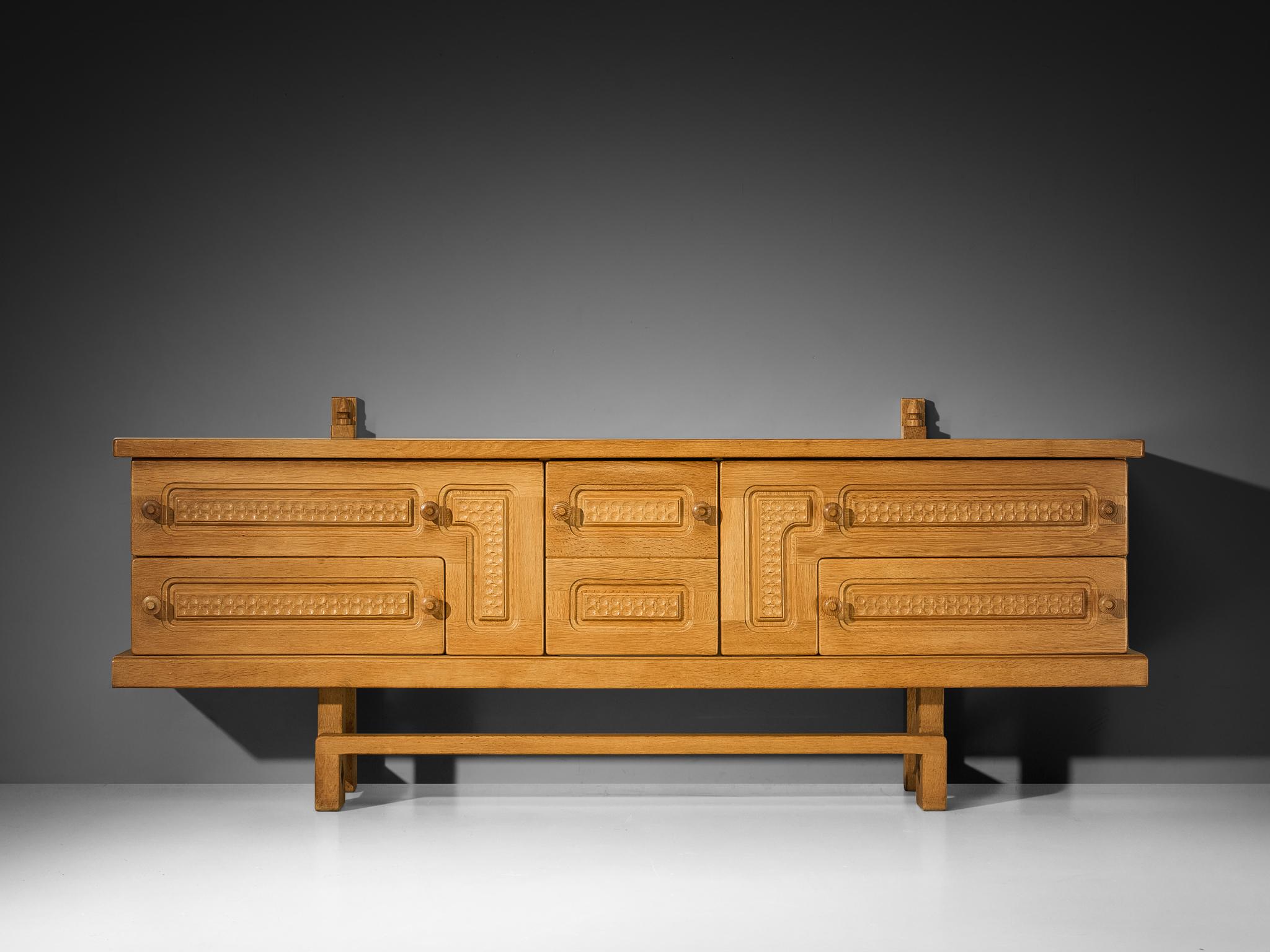 French Guillerme & Chambron Angular Carved Sideboard in Solid Oak