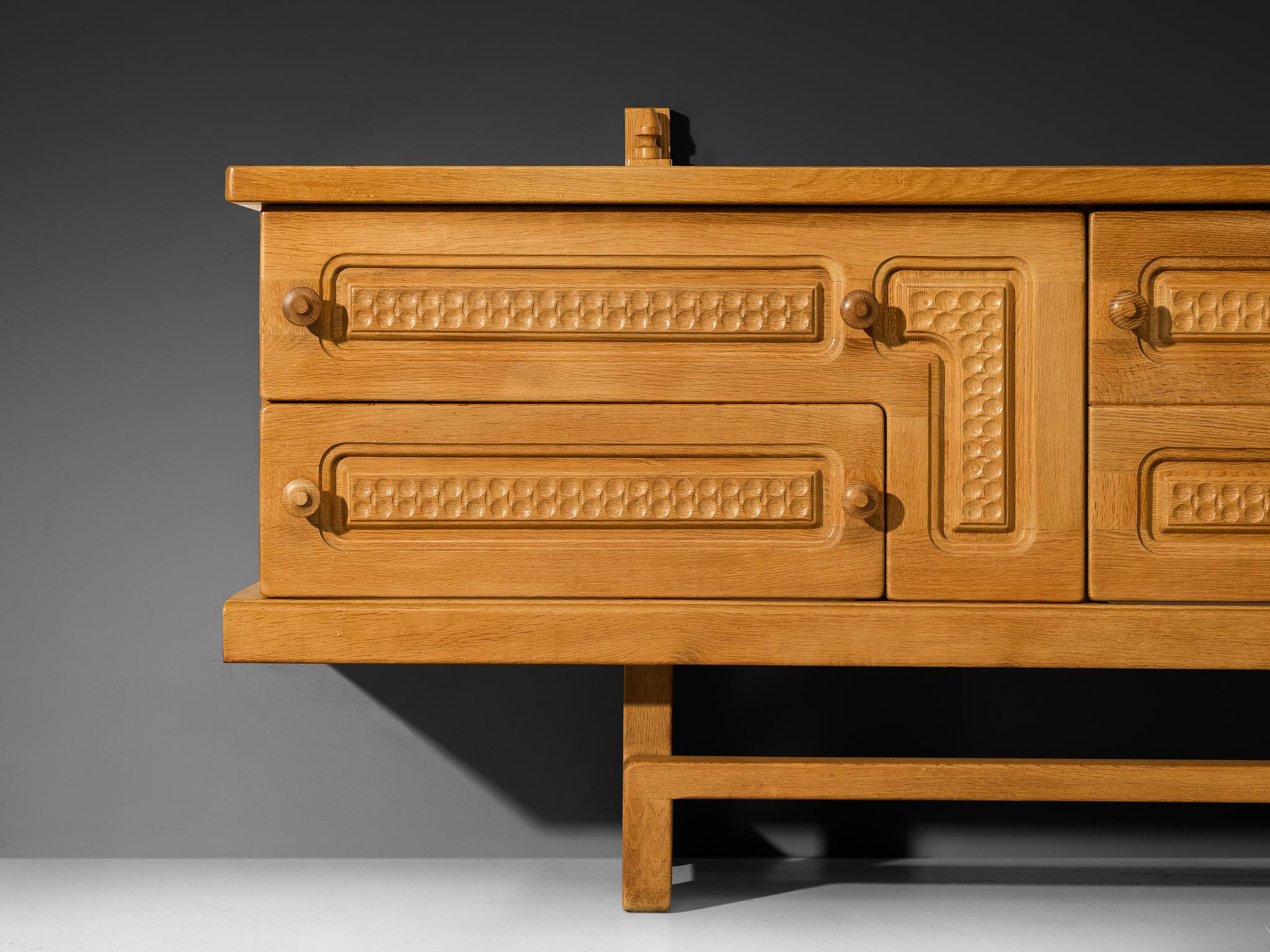 Guillerme & Chambron Angular Carved Sideboard in Solid Oak In Good Condition In Waalwijk, NL