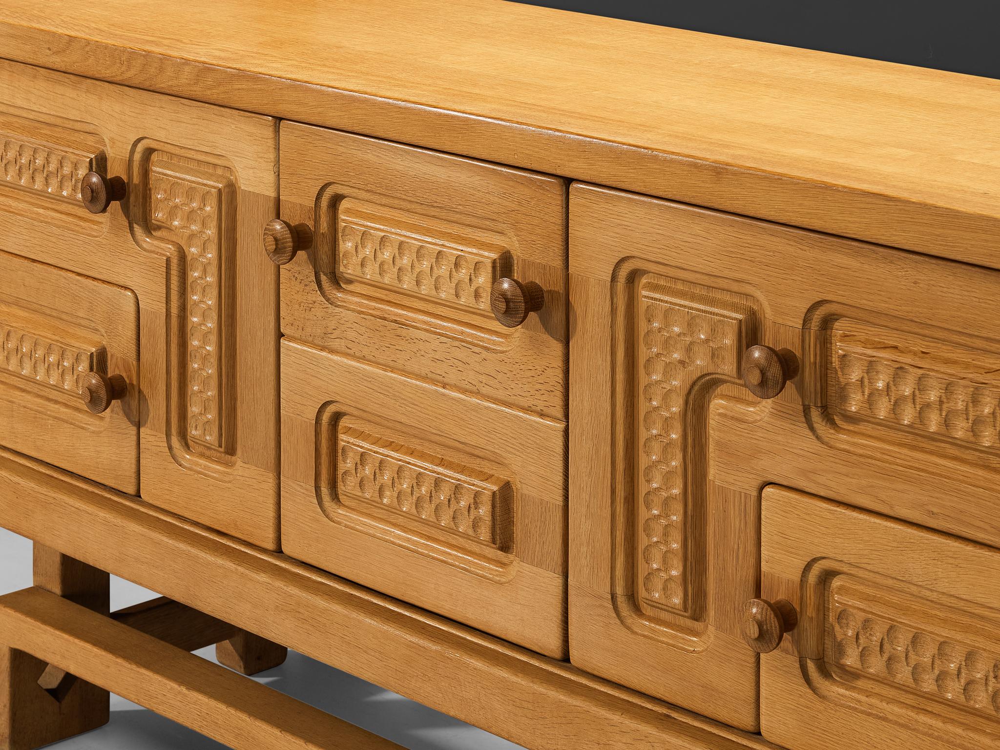 Mid-20th Century Guillerme & Chambron Angular Carved Sideboard in Solid Oak
