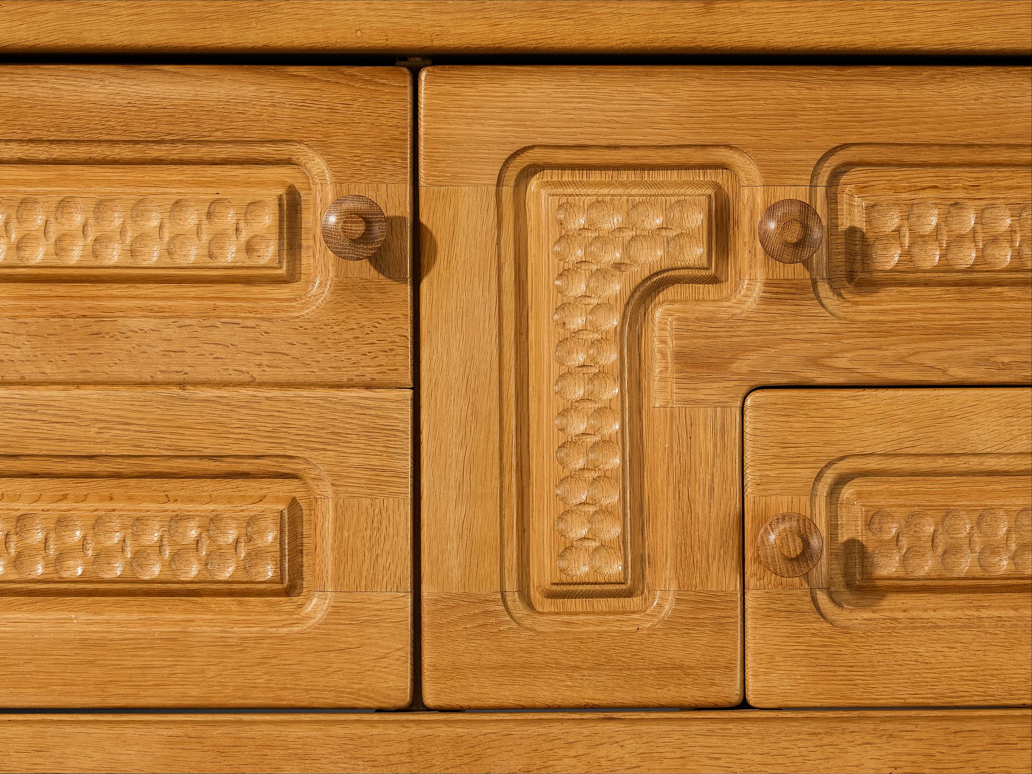 Glass Guillerme & Chambron Angular Carved Sideboard in Solid Oak