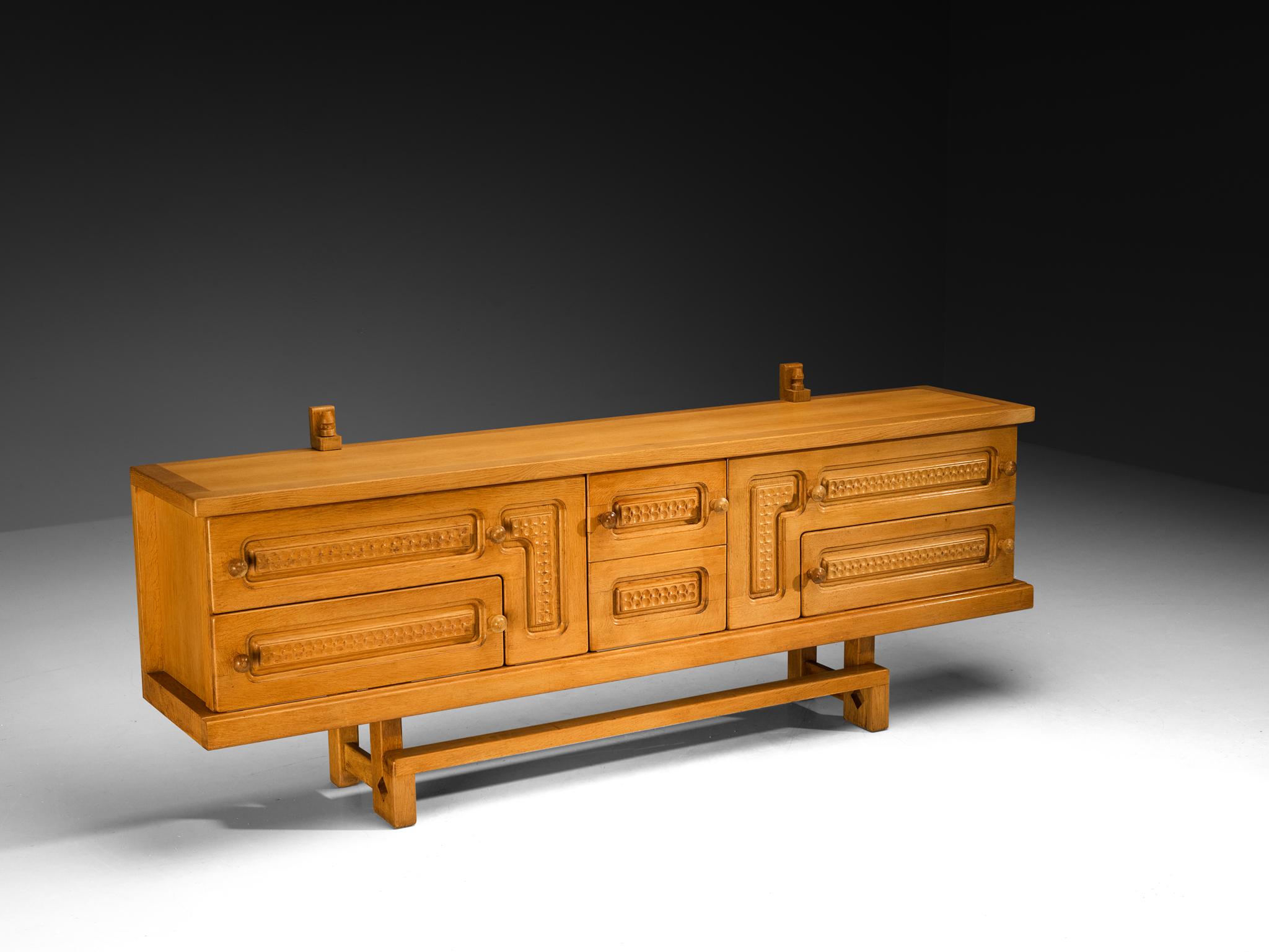 Guillerme & Chambron Angular Carved Sideboard in Solid Oak For Sale 3
