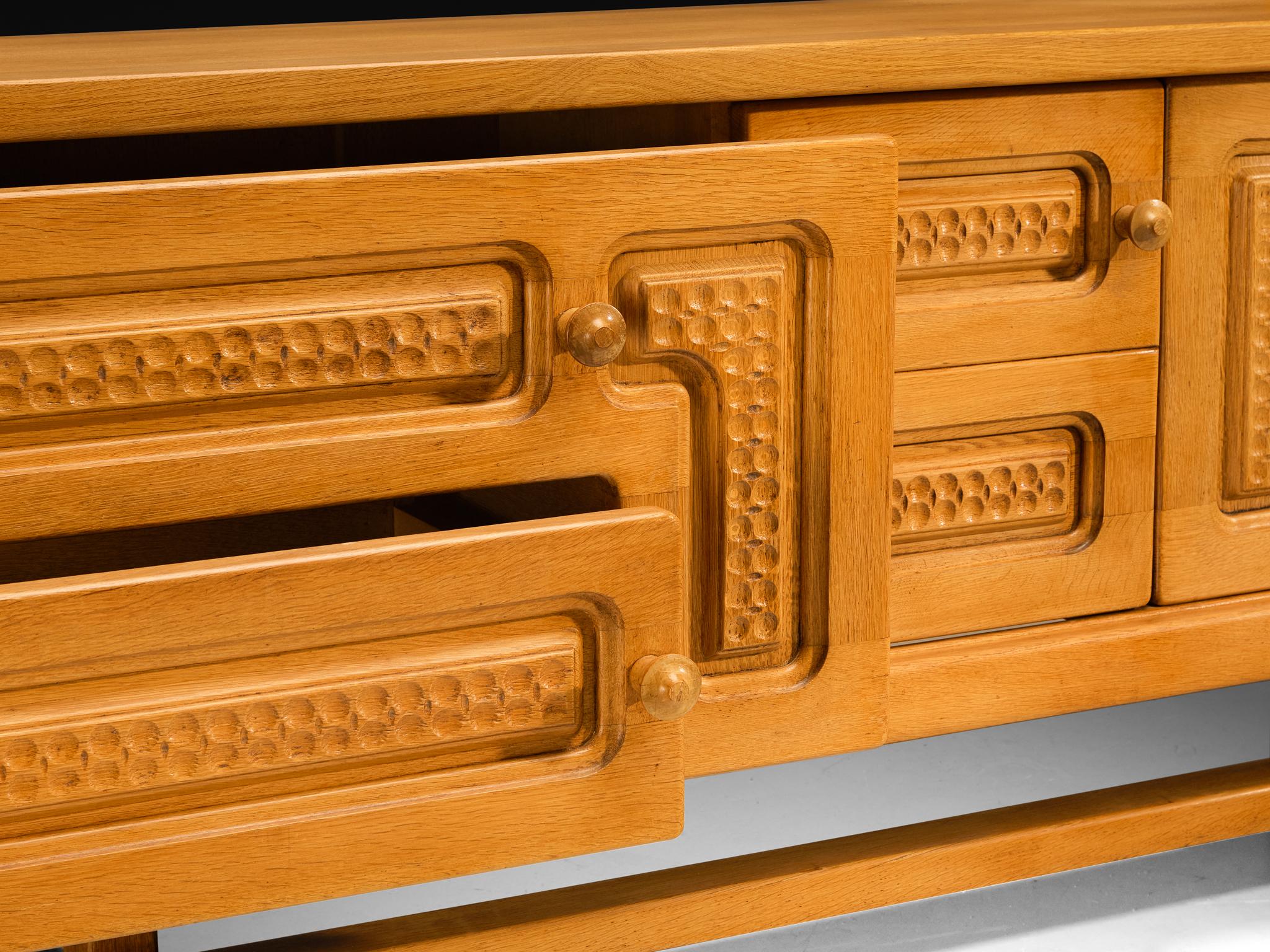 Guillerme & Chambron Angular Carved Sideboard in Solid Oak For Sale 5