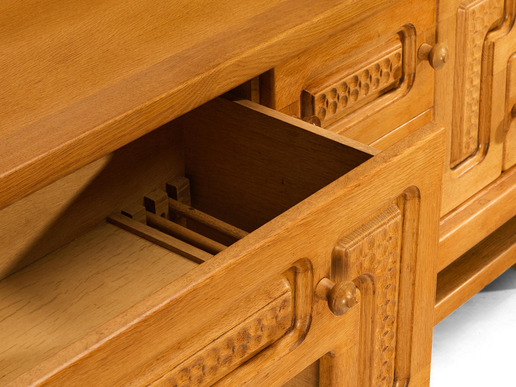 Guillerme & Chambron Angular Carved Sideboard in Solid Oak For Sale 6