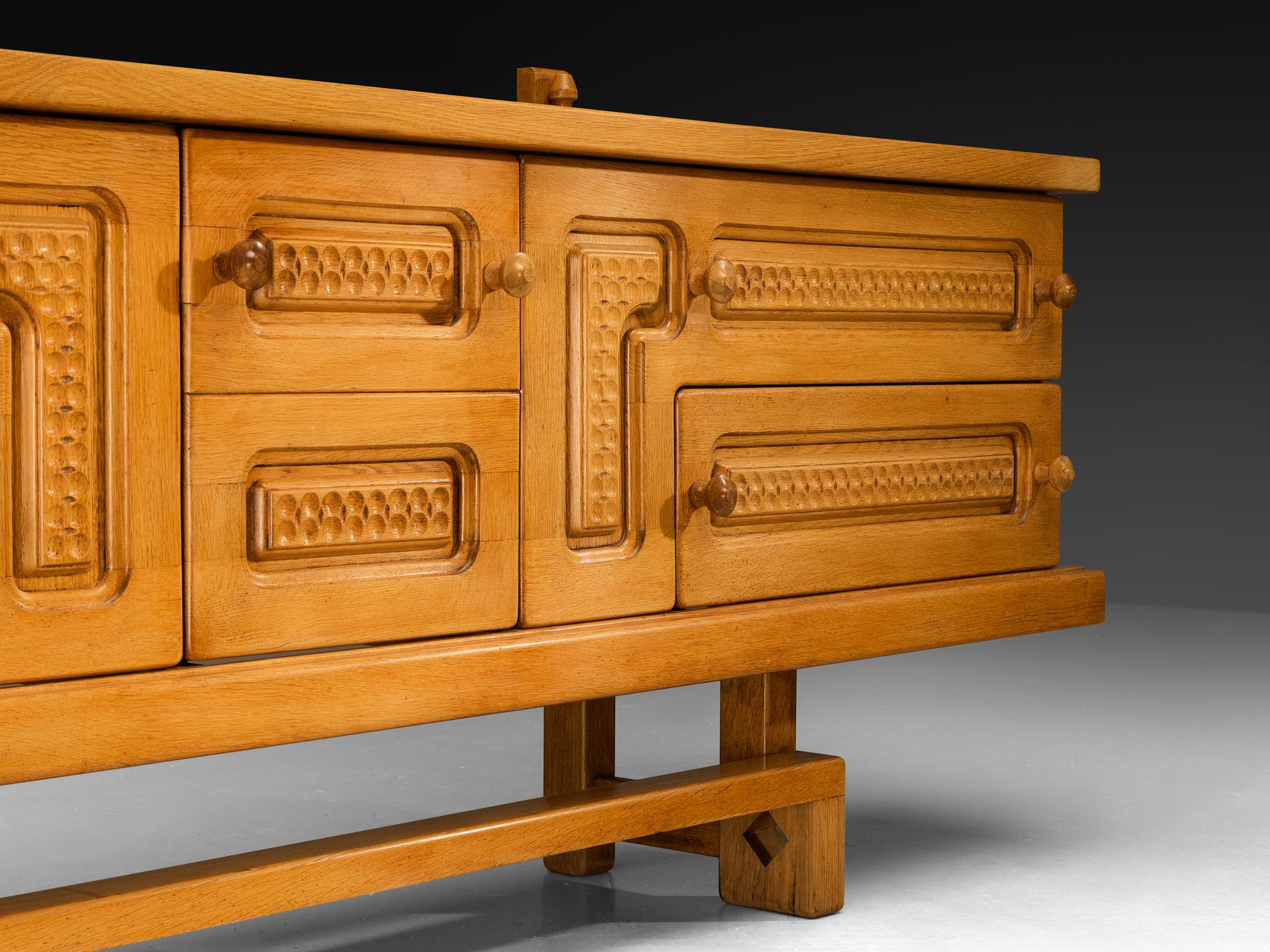 Mid-Century Modern Guillerme & Chambron Angular Carved Sideboard in Solid Oak For Sale