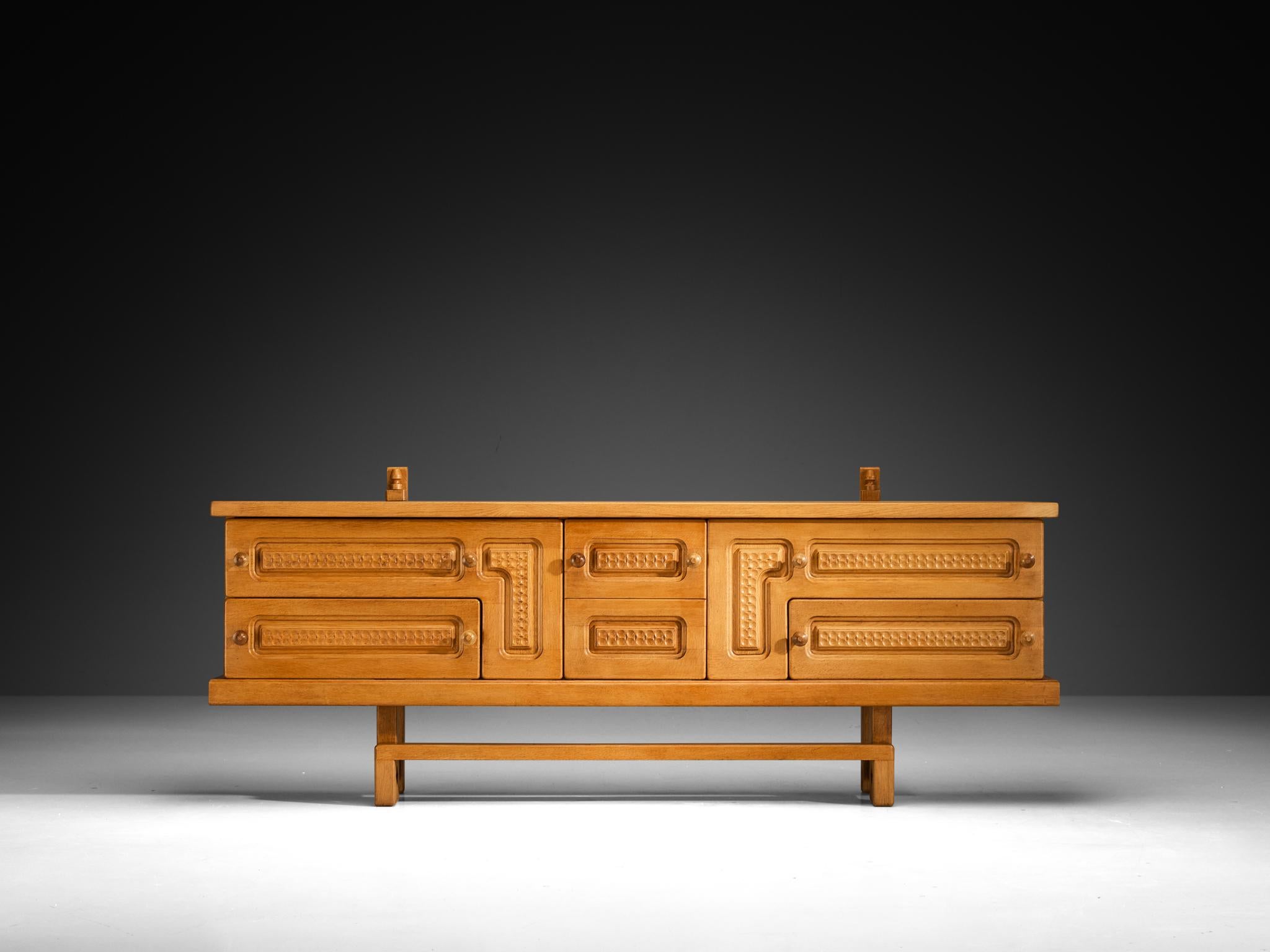 French Guillerme & Chambron Angular Carved Sideboard in Solid Oak For Sale