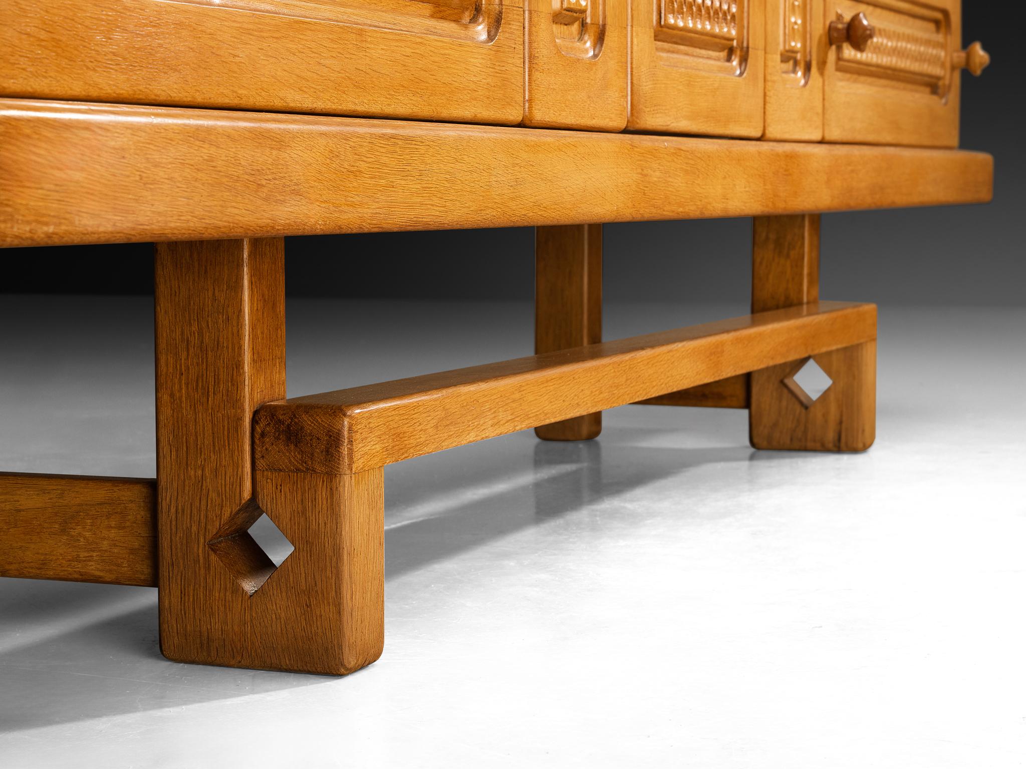 Mid-20th Century Guillerme & Chambron Angular Carved Sideboard in Solid Oak For Sale