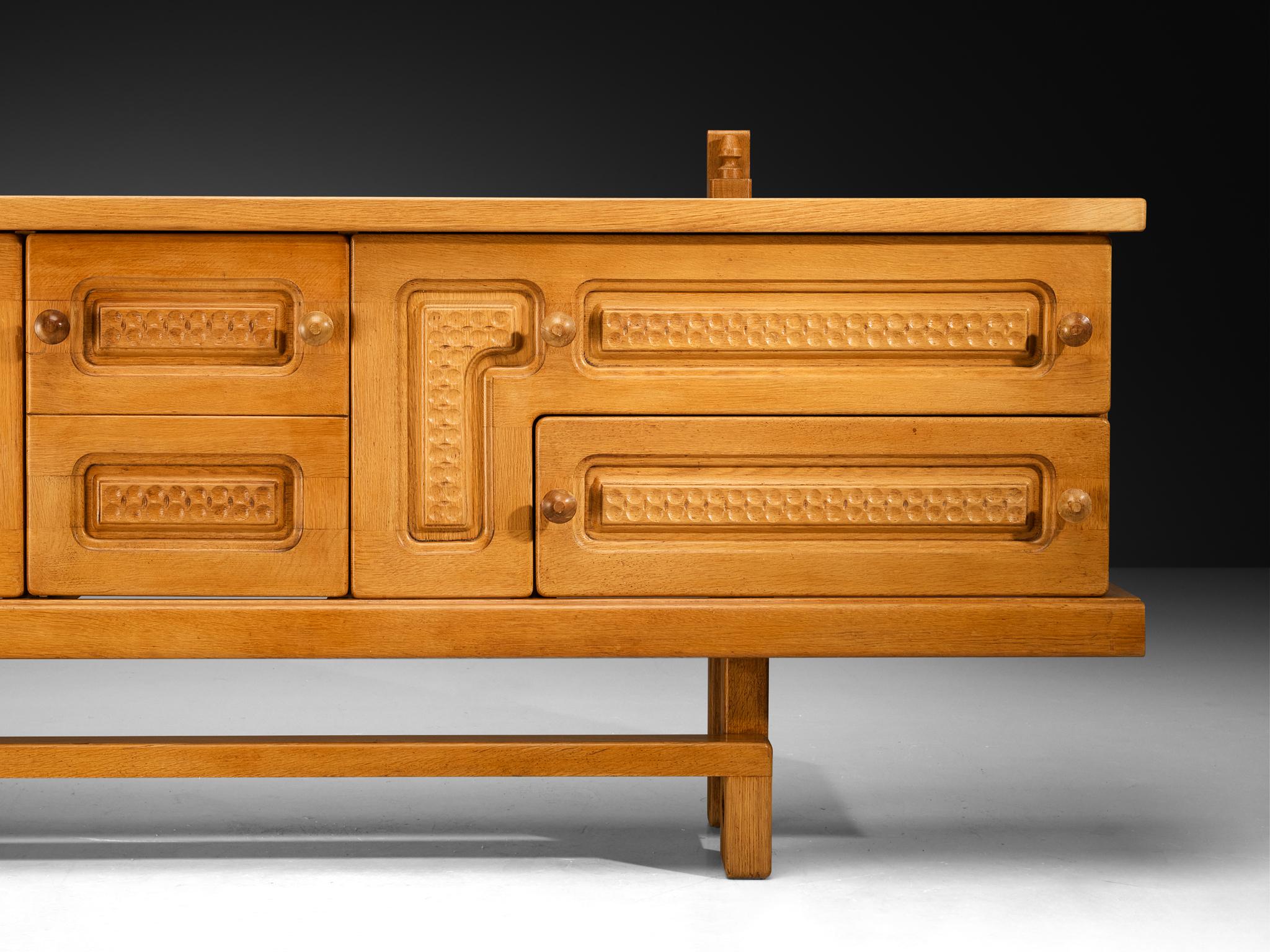 Glass Guillerme & Chambron Angular Carved Sideboard in Solid Oak For Sale