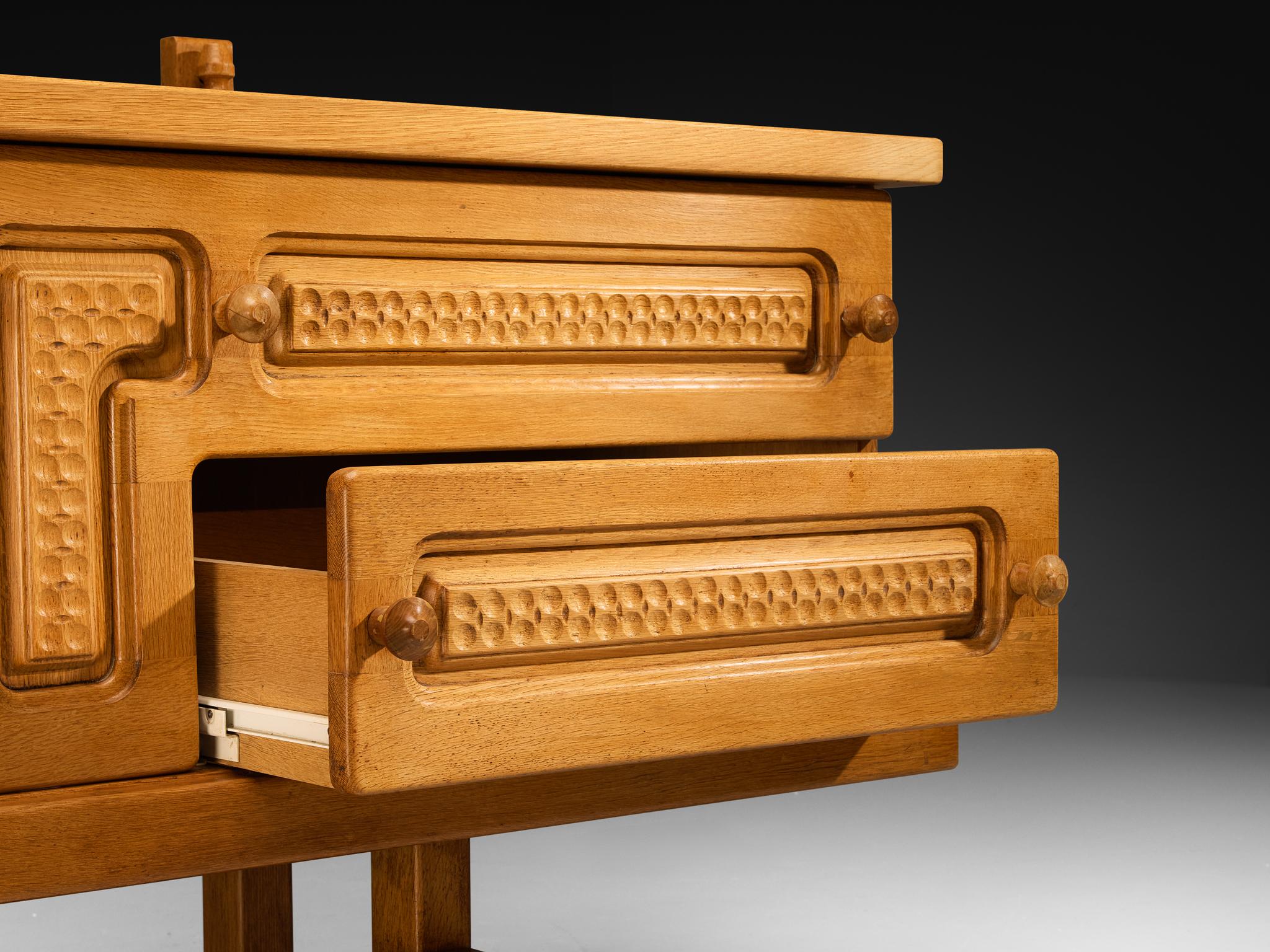 Guillerme & Chambron Angular Carved Sideboard in Solid Oak For Sale 1