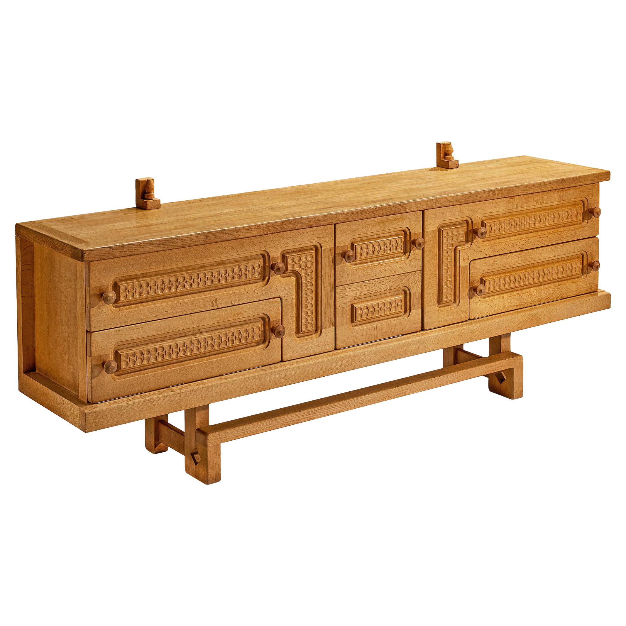 Guillerme & Chambron Angular Carved Sideboard in Solid Oak For Sale