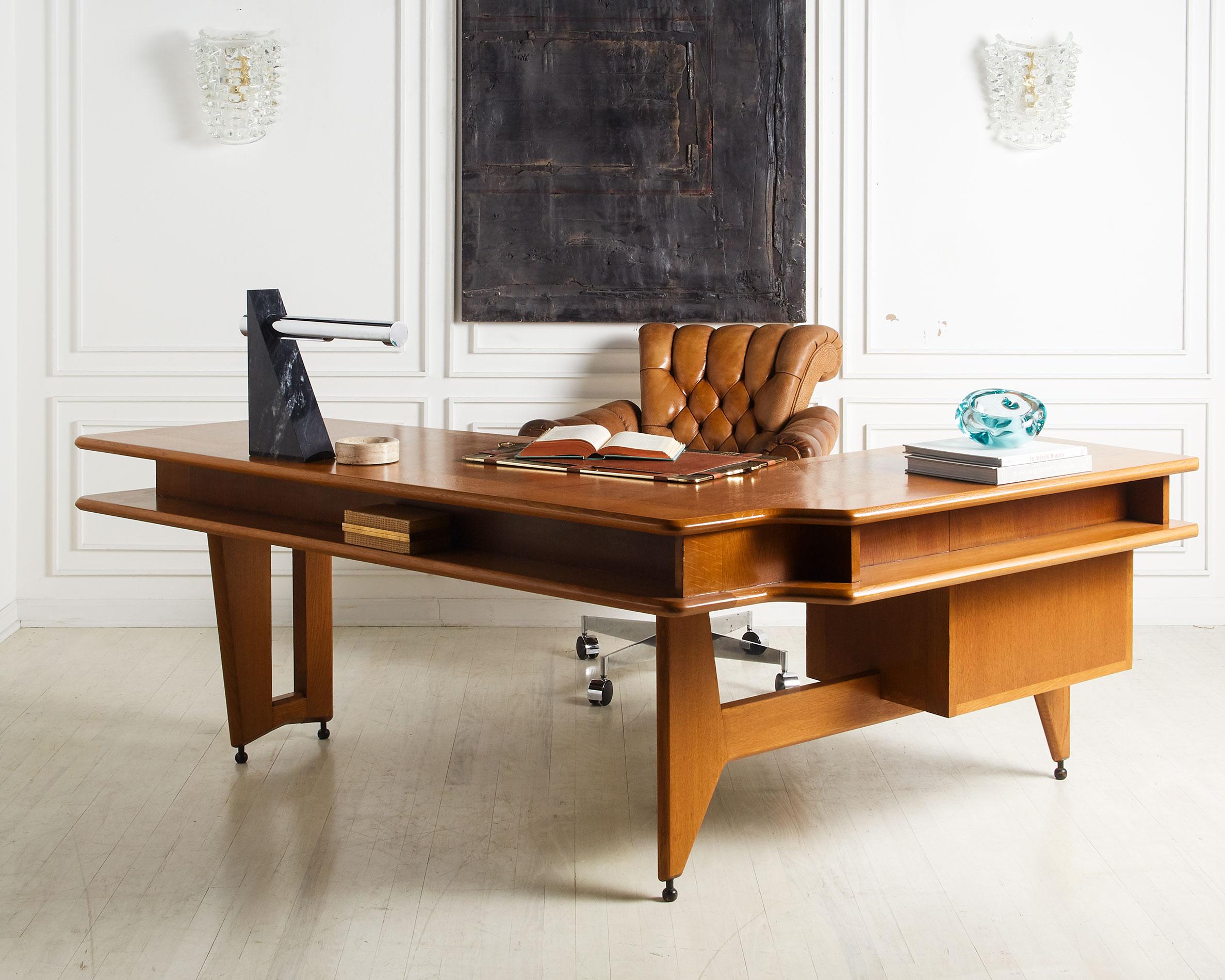 Mid-Century Modern Guillerme and Chambron Architectural Oak Desk