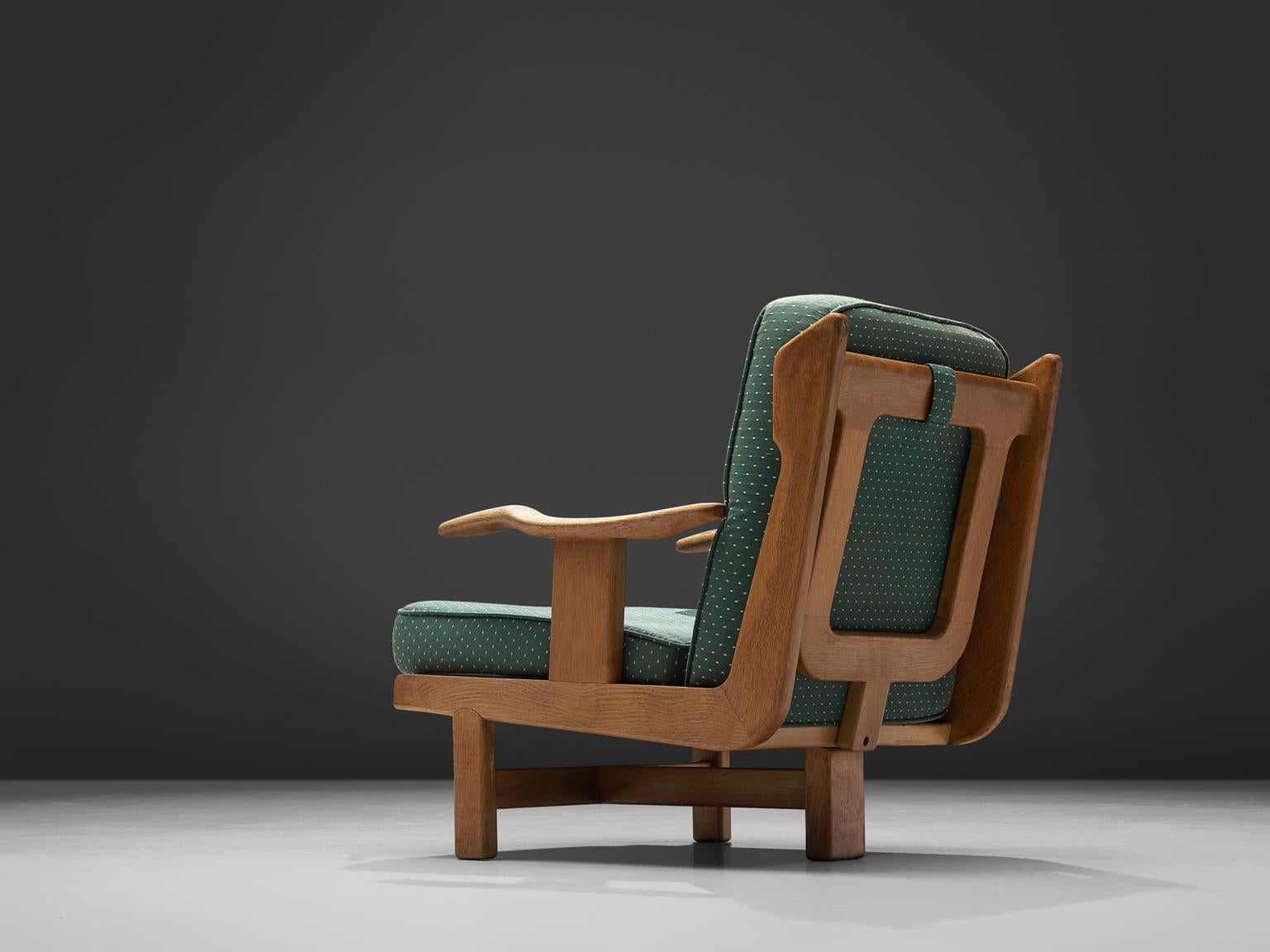 French Guillerme & Chambron Armchair in Oak and Green Fabric