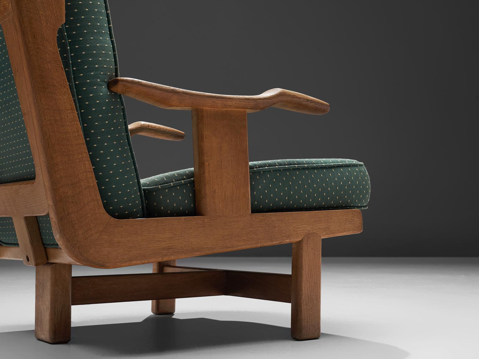 Mid-20th Century Guillerme & Chambron Armchair in Oak and Green Fabric