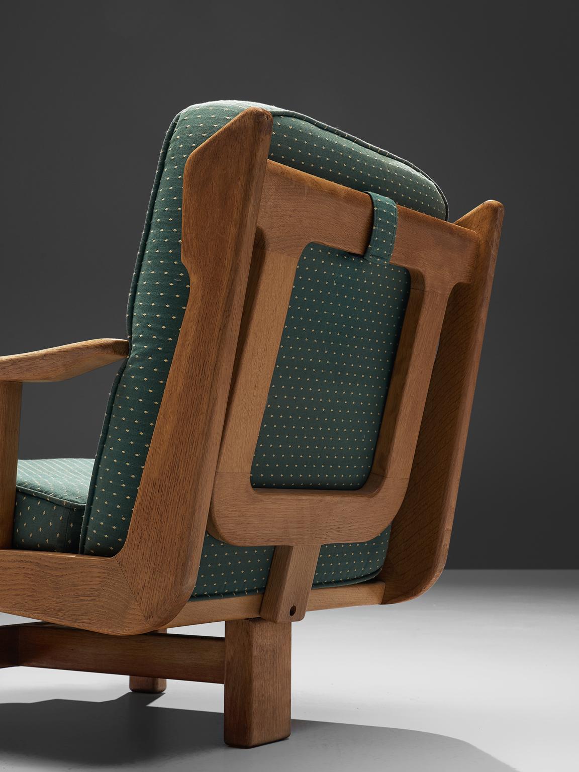Guillerme & Chambron Armchair in Oak and Green Fabric 1
