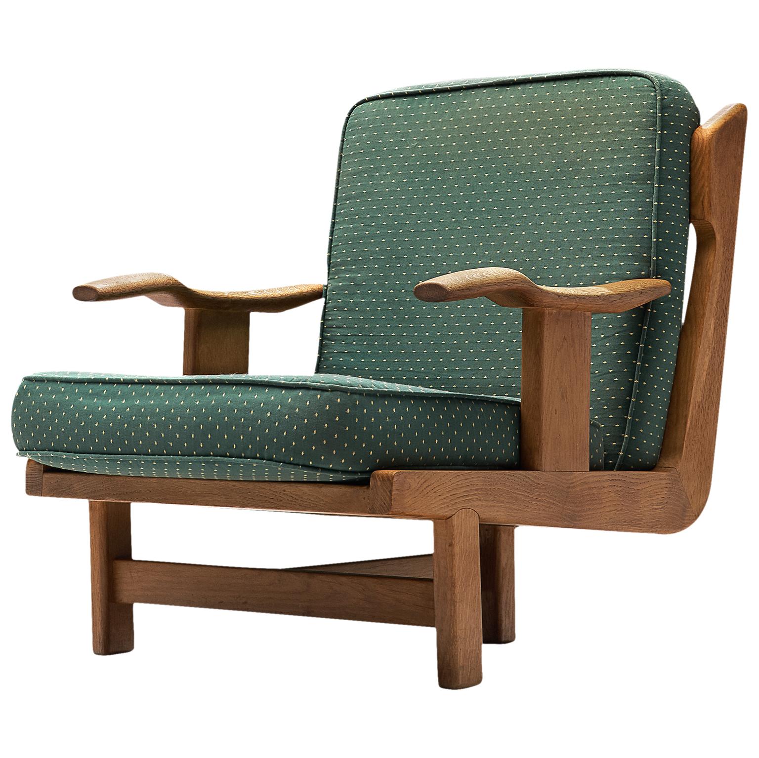 Guillerme & Chambron Armchair in Oak and Green Fabric