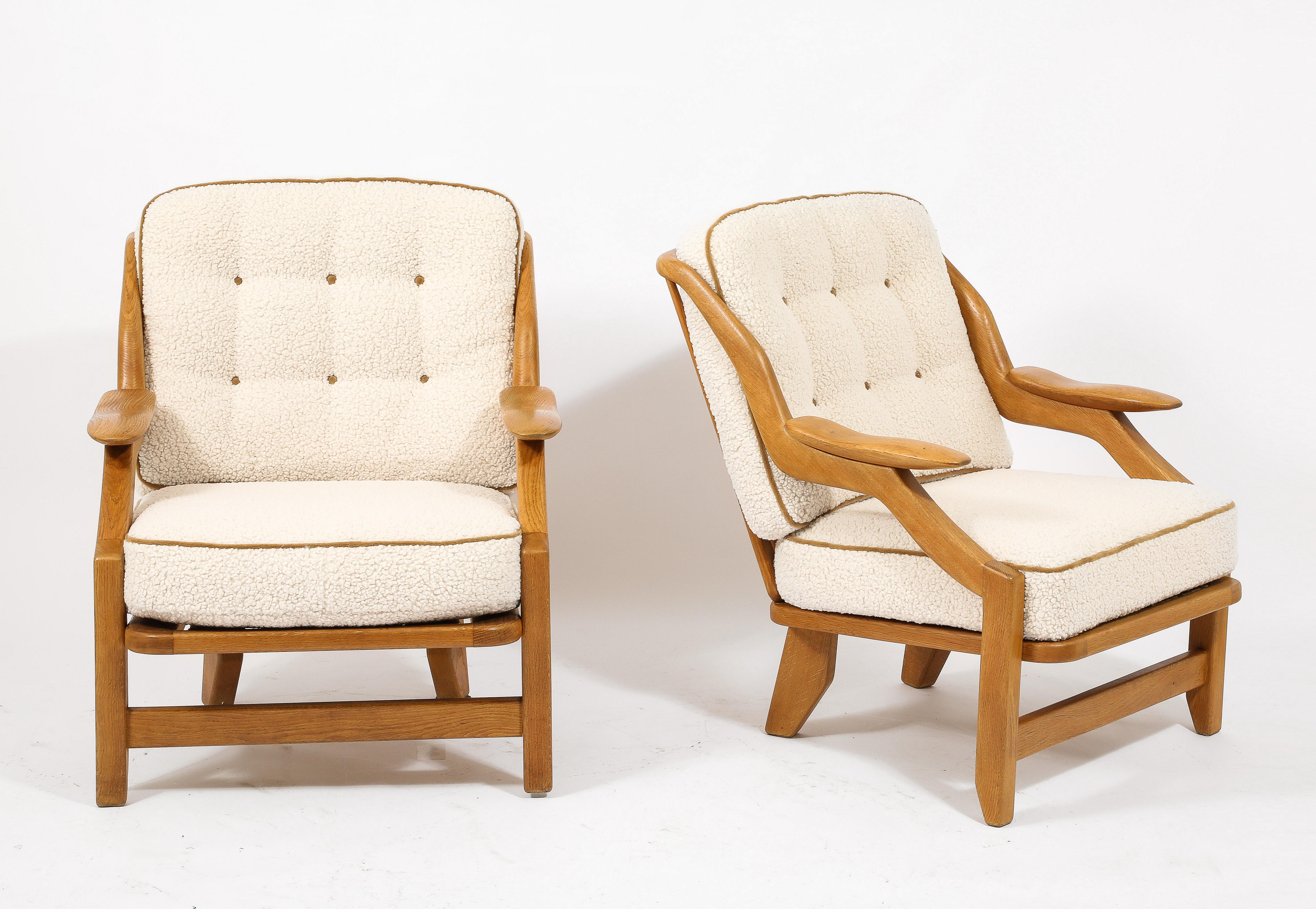 Guillerme & Chambron Armchairs in Oak and Wool, France 1960's For Sale 5