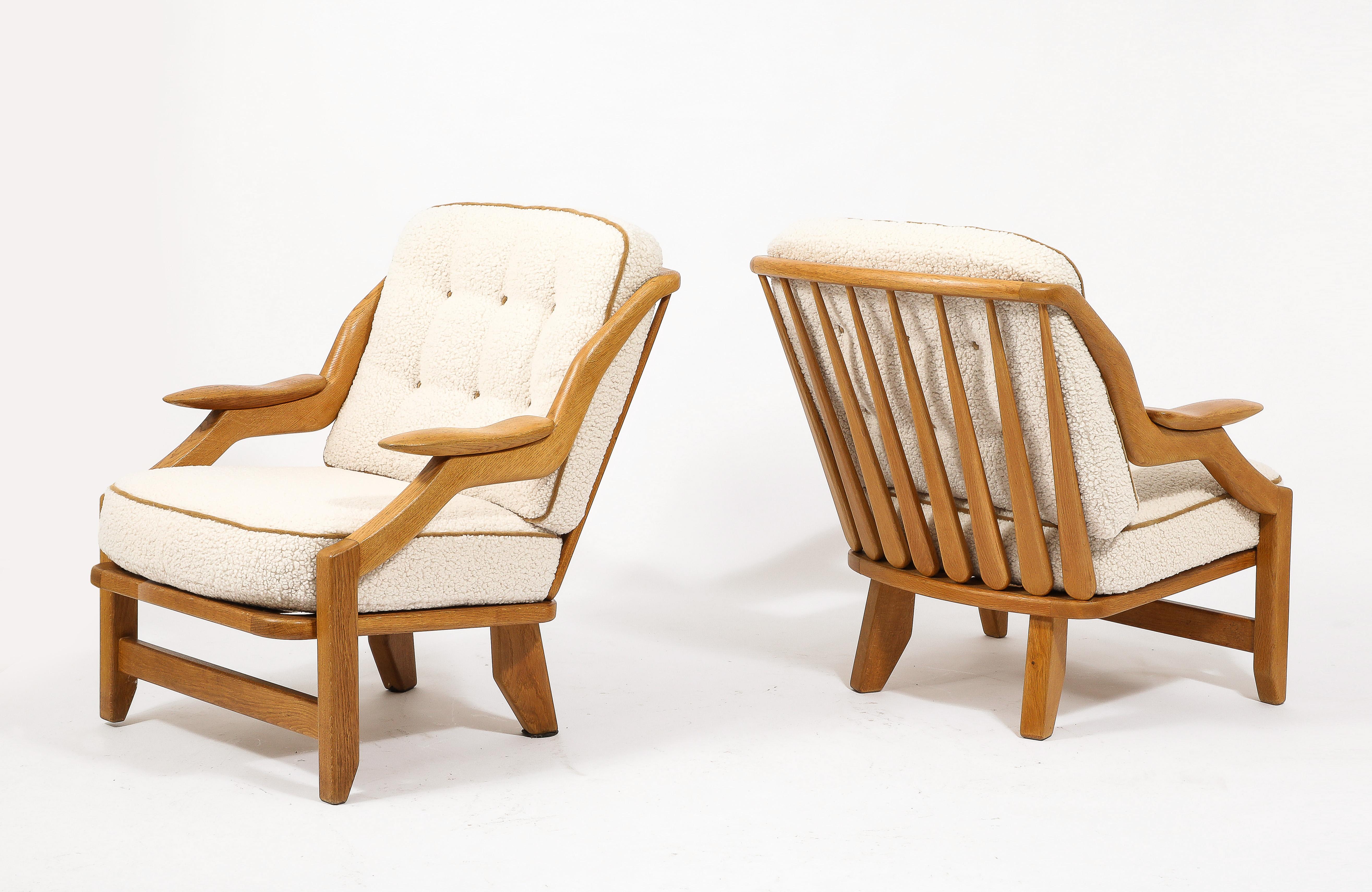 Guillerme & Chambron Armchairs in Oak and Wool, France 1960's In Good Condition For Sale In New York, NY