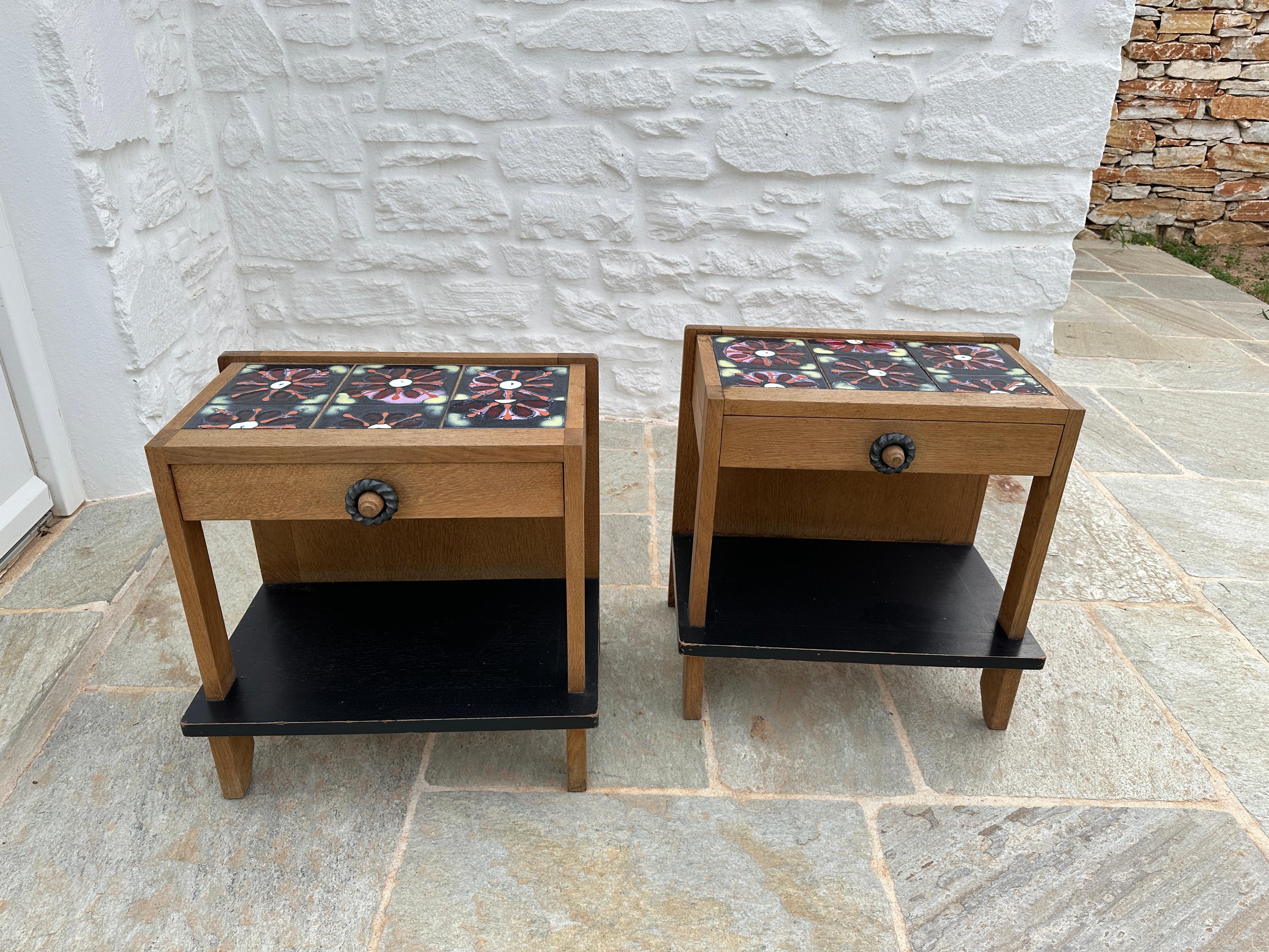 Guillerme & Chambron Bedside Table a Pair Oak and Ceramic, France, 1960 For Sale 4